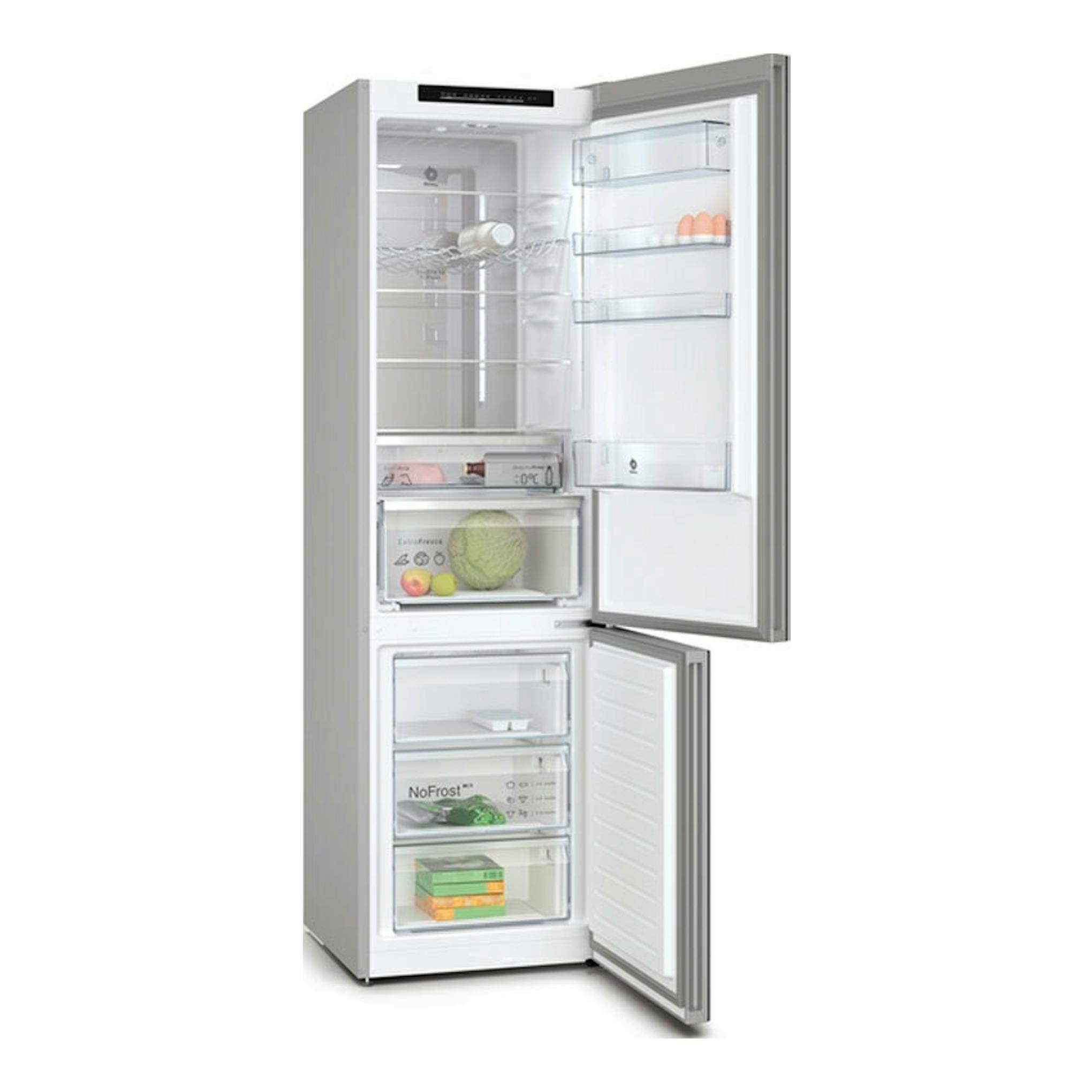 Frigorífico combi Balay 3KFC869NI en gris, con puertas abiertas y compartimentos interiores visibles.