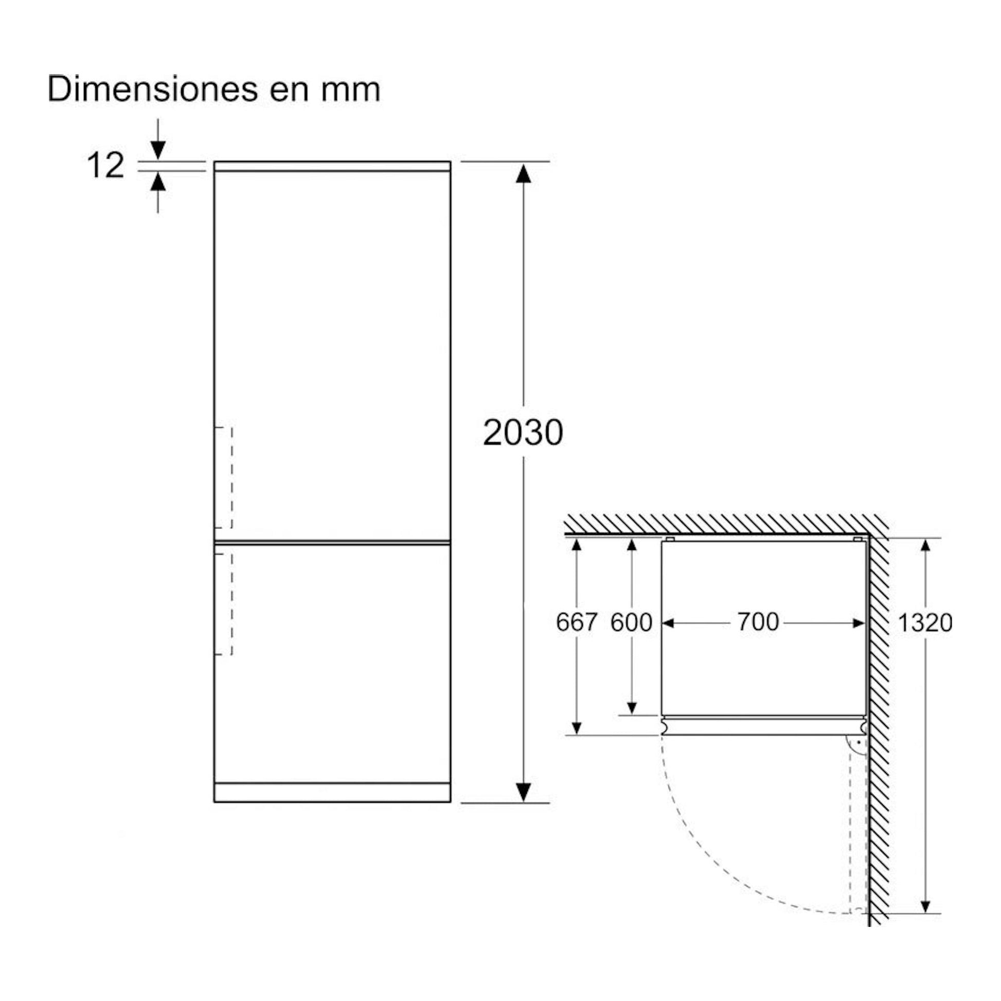 Diagrama frontal y lateral de frigorífico combi Balay 3KFC879BI blanco, con medidas en mm.