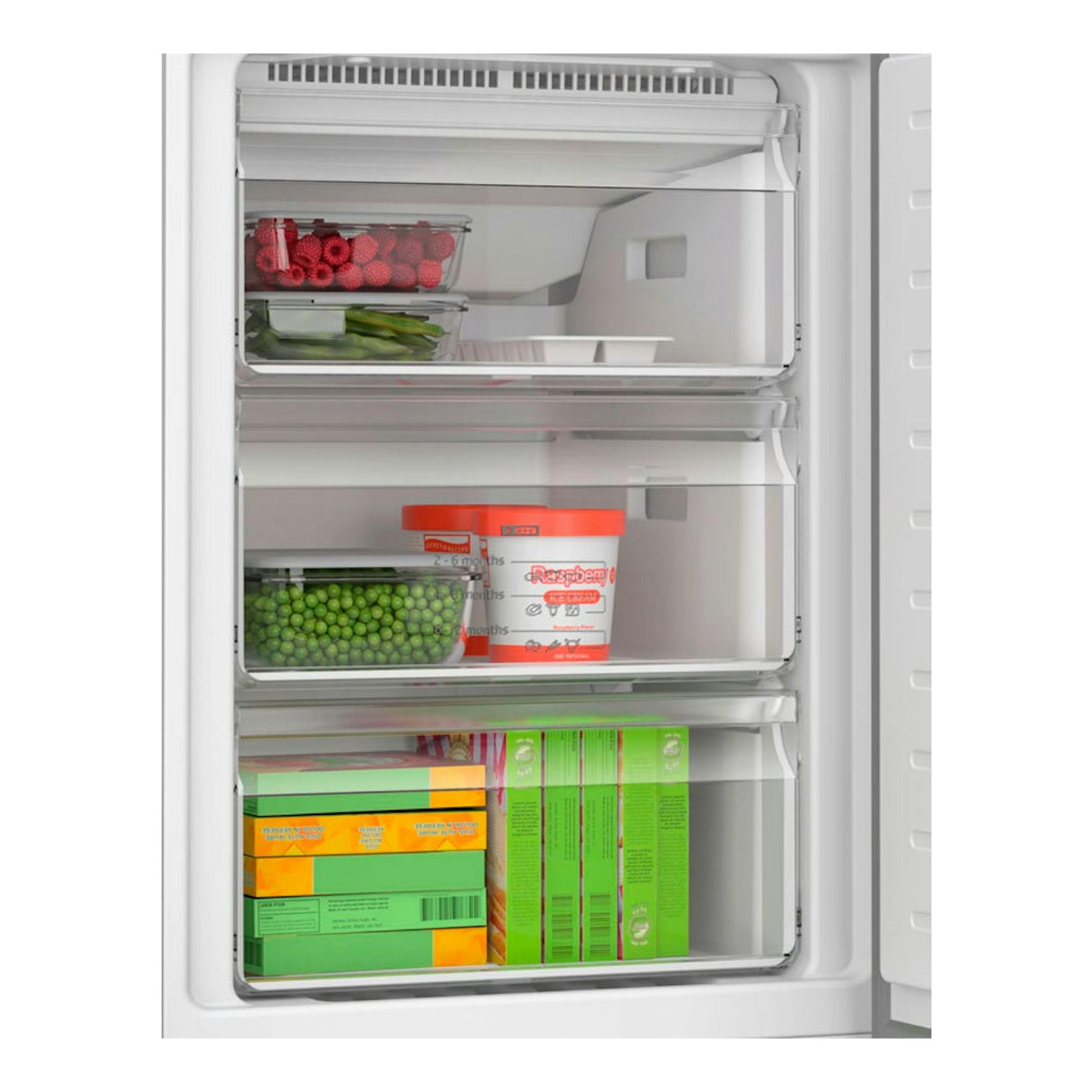 Frigorífico combi Balay 3KFD553XI inox, vista frontal del congelador abierto con tres cajones transparentes y alimentos.