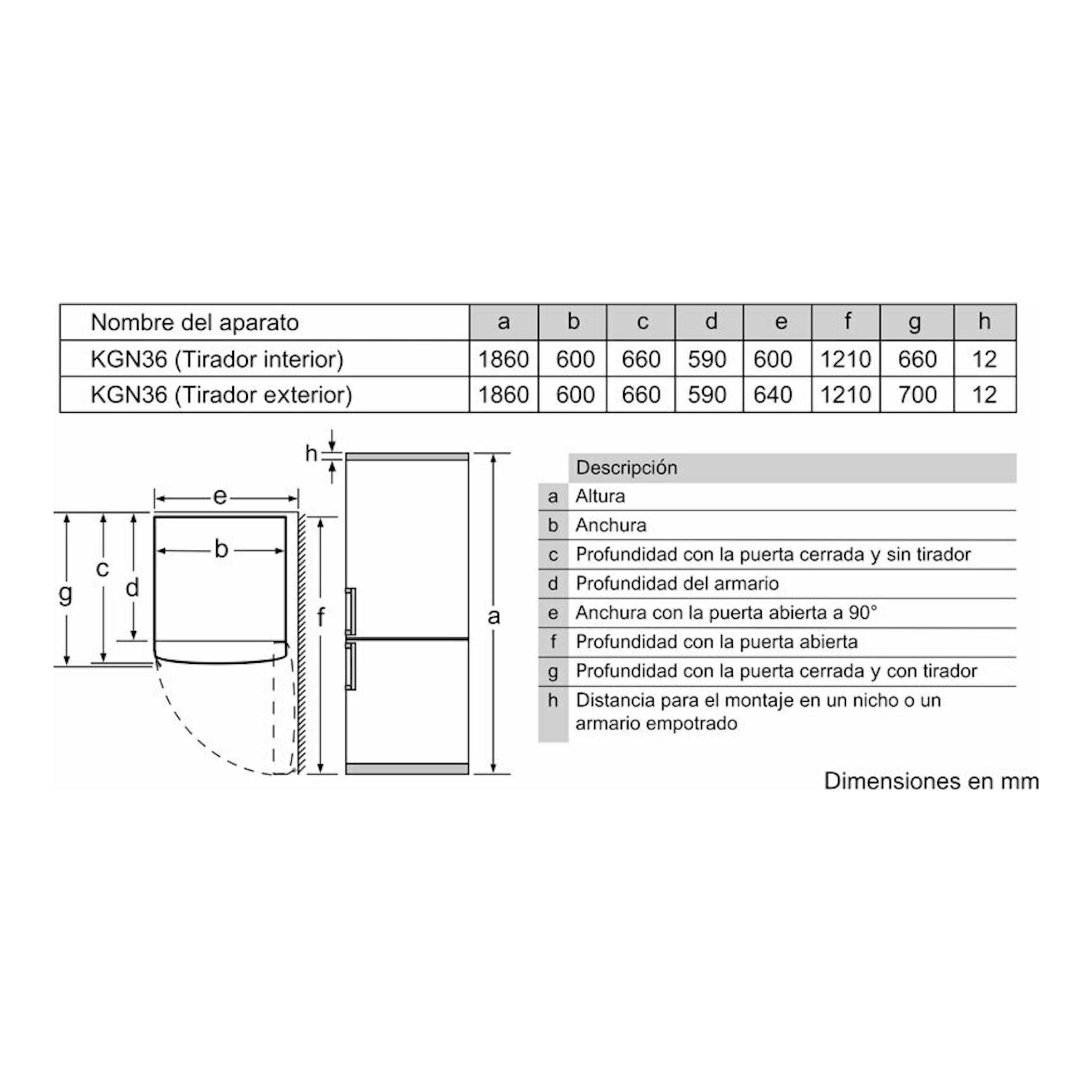Esquema de dimensiones de frigorífico combi KGN36, vista frontal y lateral, en mm.