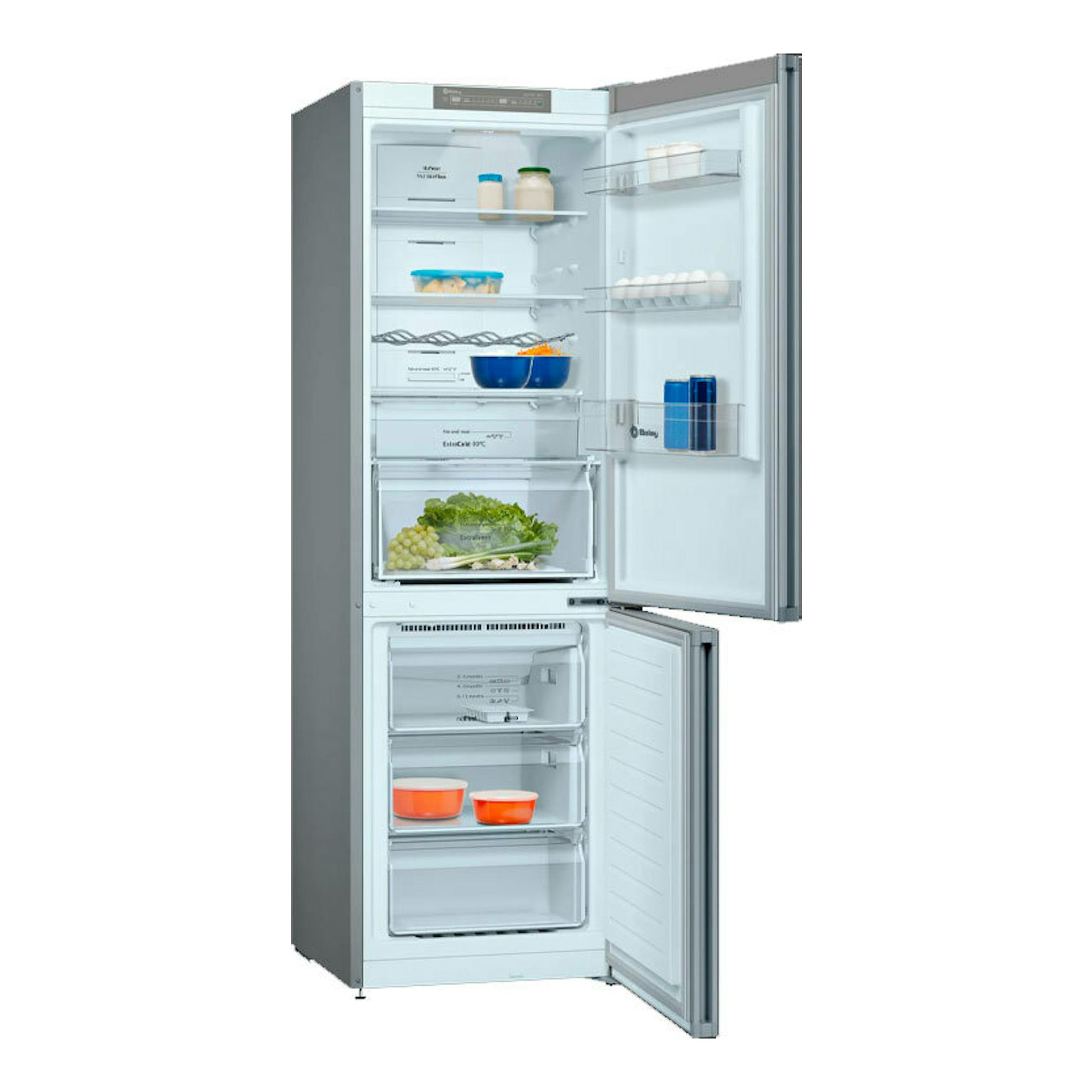 Frigorífico combi Balay 3KFD565AI gris, vista frontal con puertas abiertas y compartimentos interiores visibles.