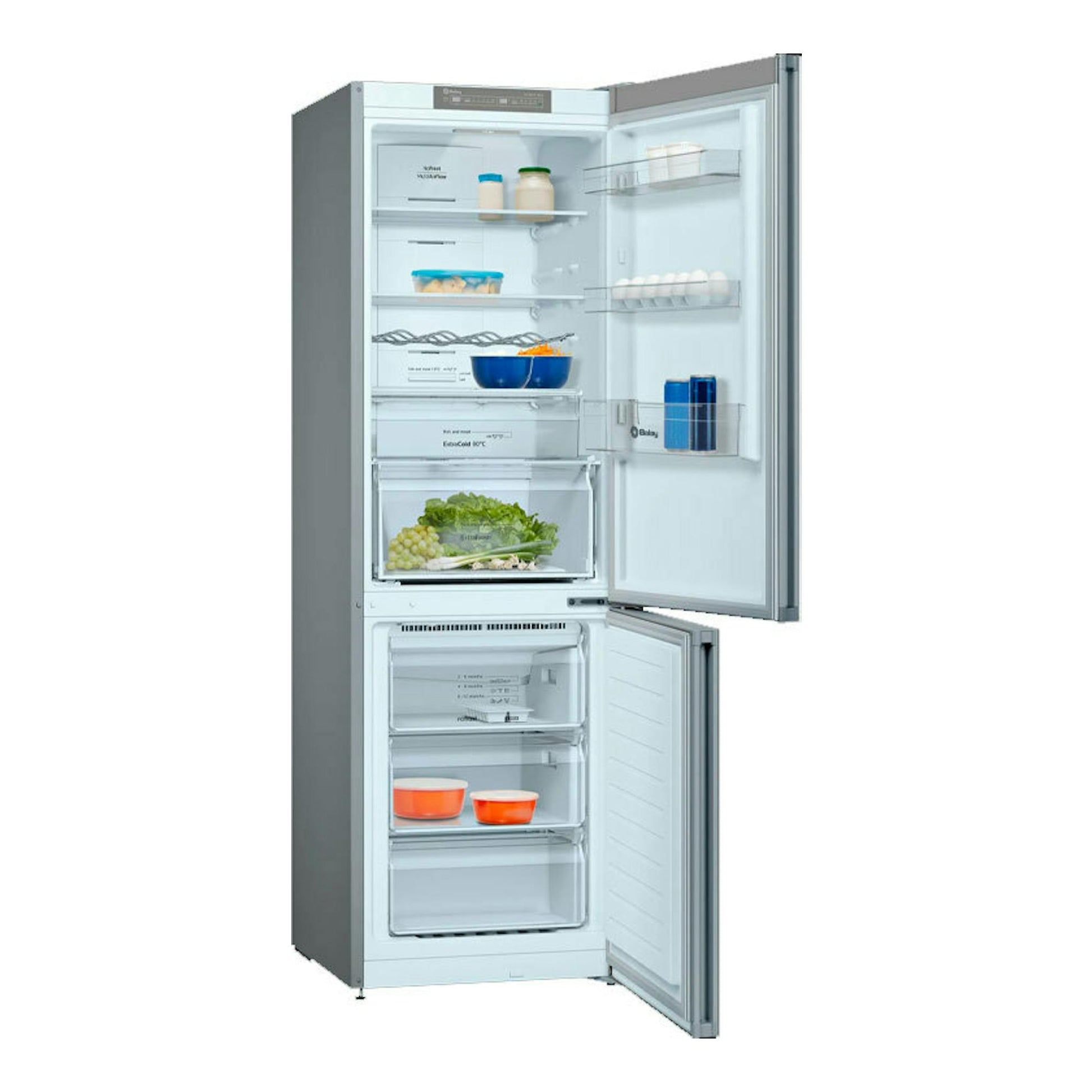 Frigorífico combi Balay 3KFD565BI blanco, vista frontal con puertas abiertas y compartimentos interiores.