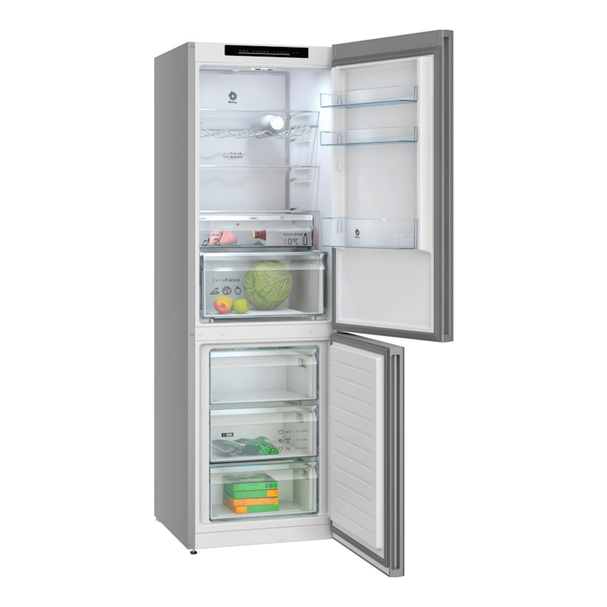 Frigorífico combi Balay 3KFD655BI cristal blanco, vista frontal con puertas abiertas.