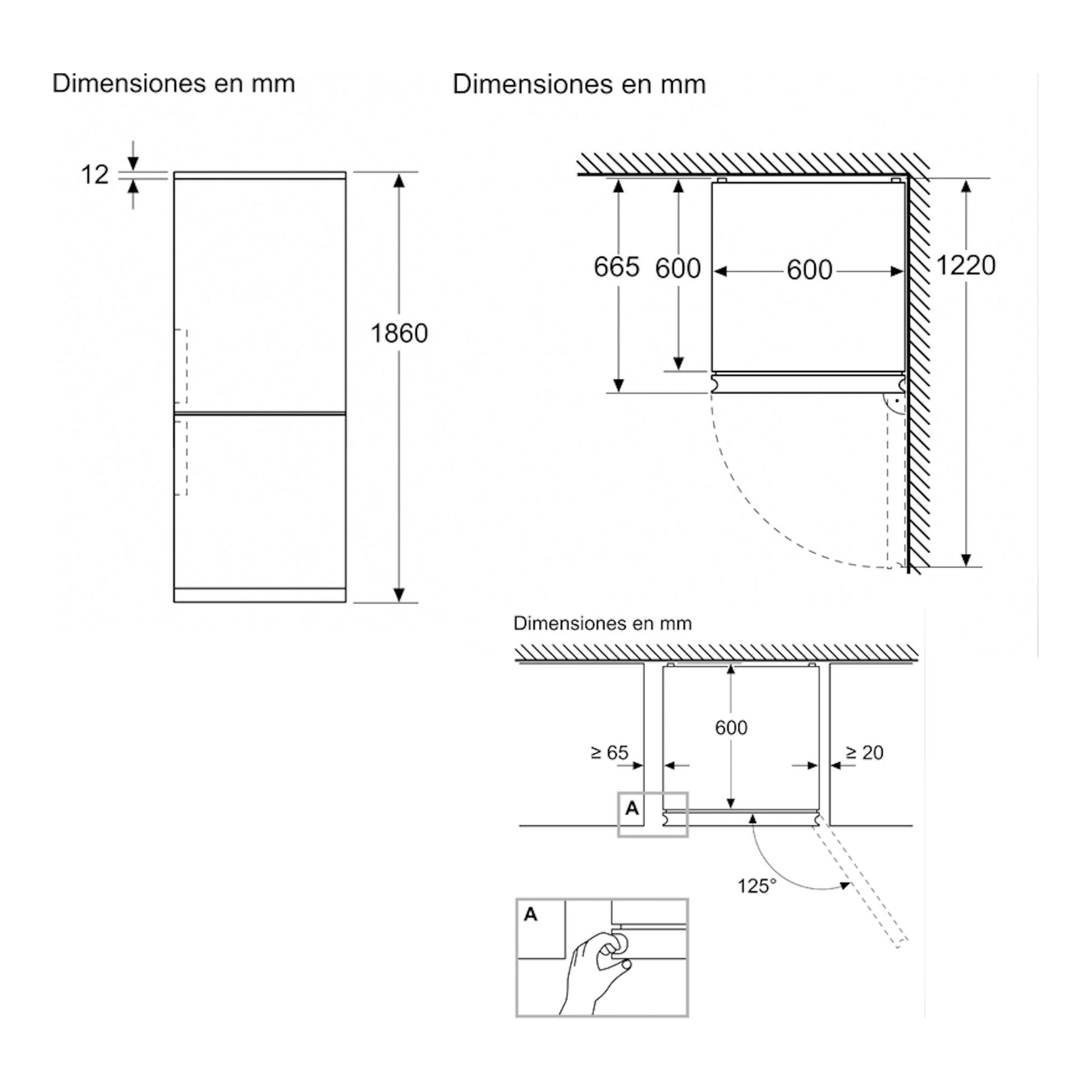 Esquema técnico del frigorífico combi Balay 3KFD655NI en cristal negro, con vistas frontal y lateral y medidas en mm.