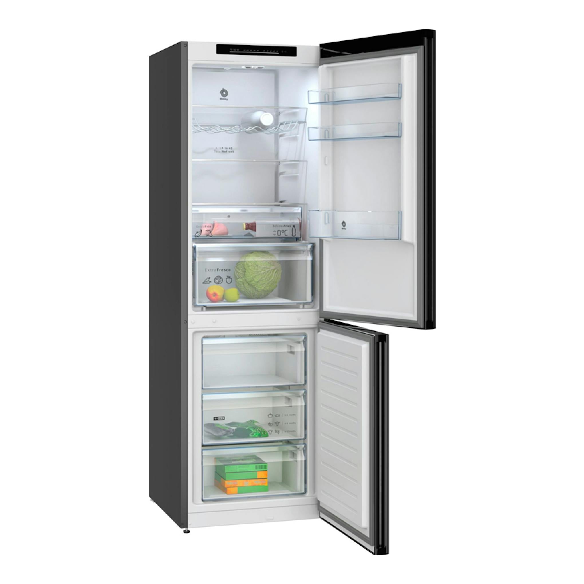 Frigorífico combi Balay 3KFD655NI en cristal negro, visto de frente con puertas abiertas y cajones interiores.