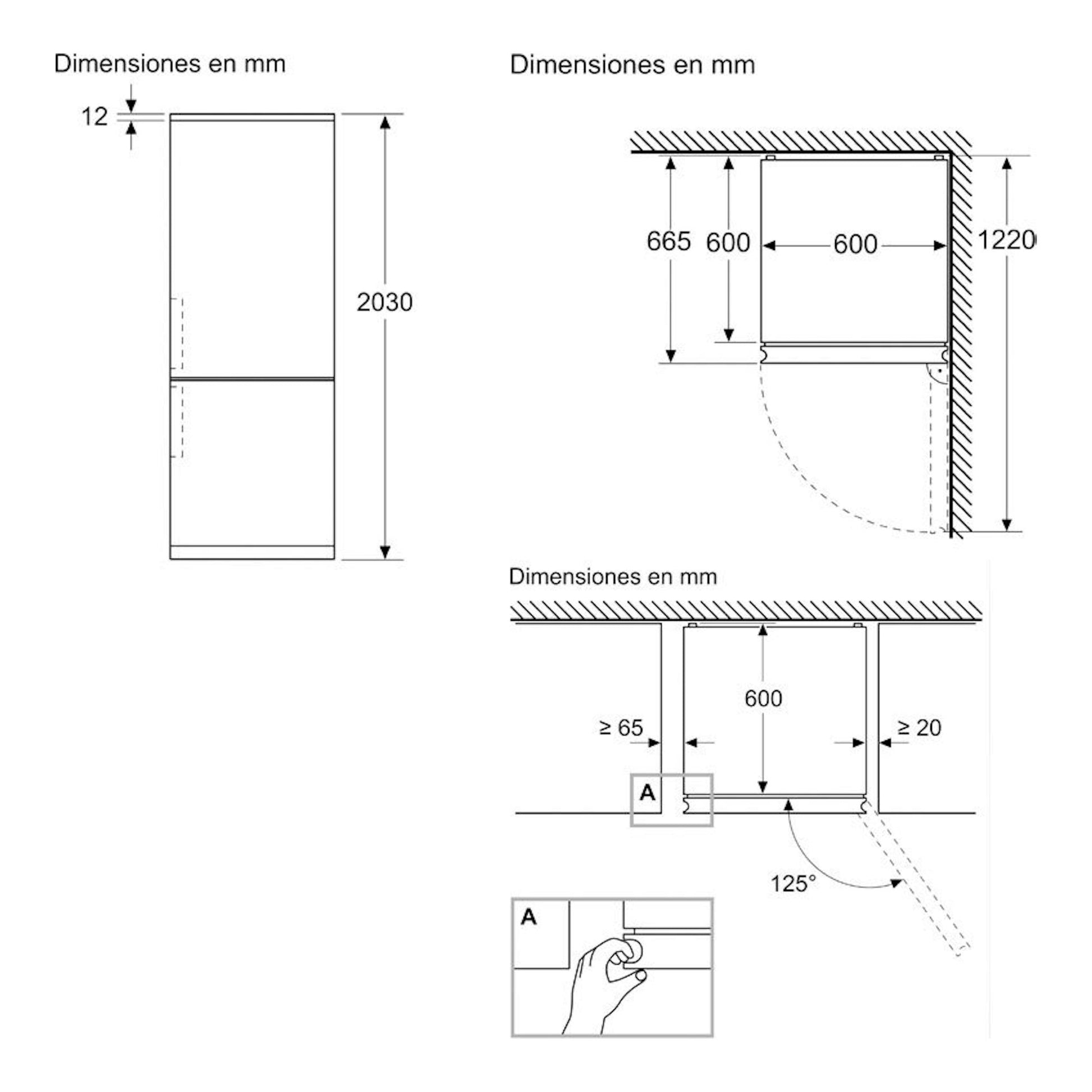 Balay 3KFD753GI: plano técnico de frigorífico combi con medidas y vistas frontal, lateral y superior.