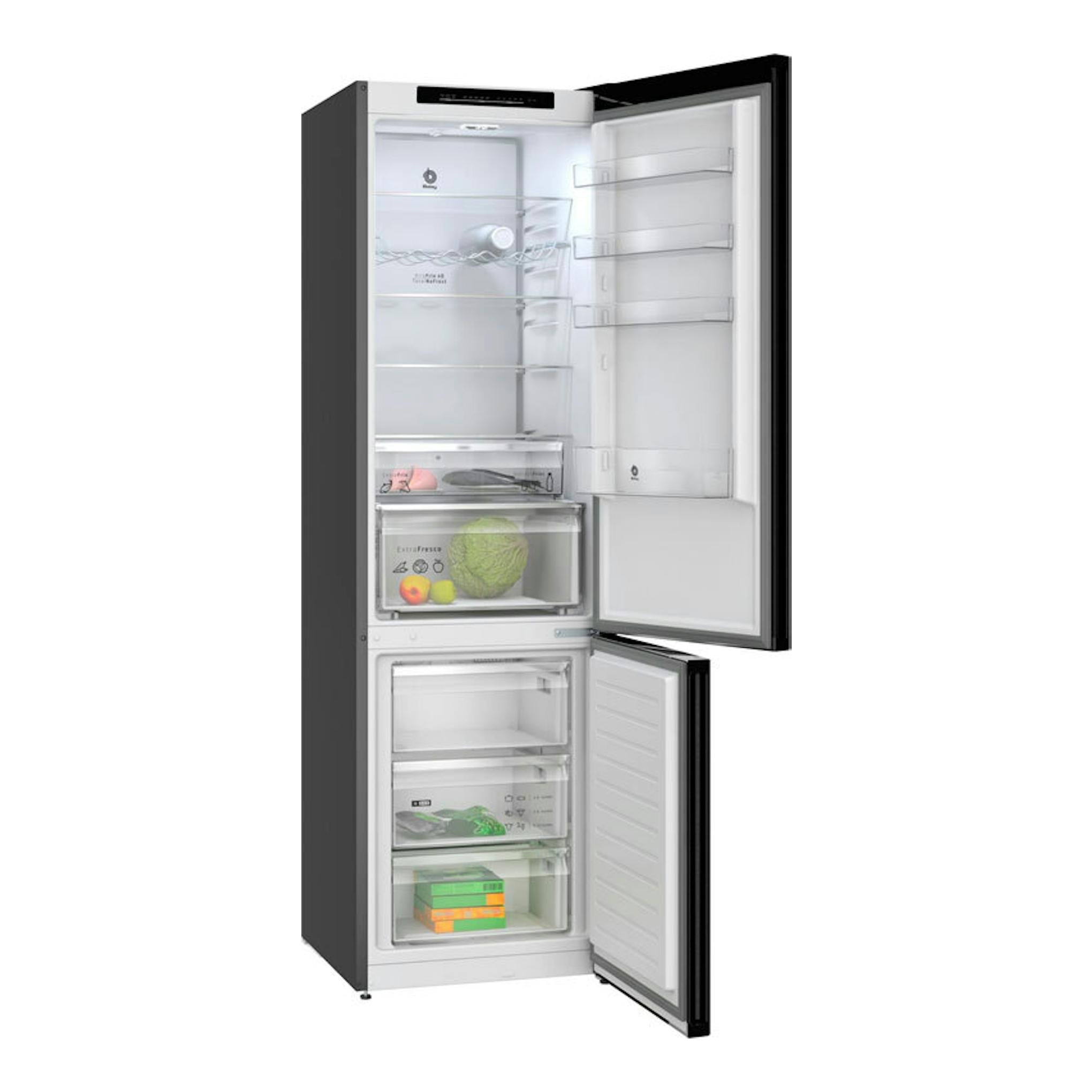 Frigorífico combi Balay 3KFD753GI en grafito, vista frontal con puertas abiertas y compartimentos interiores.