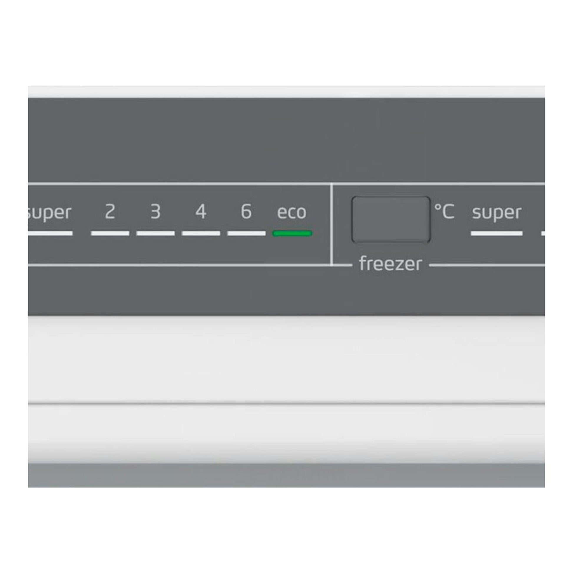 Panel de control gris de un frigorífico Balay 3KFD753WI, con indicadores eco, super y freezer.