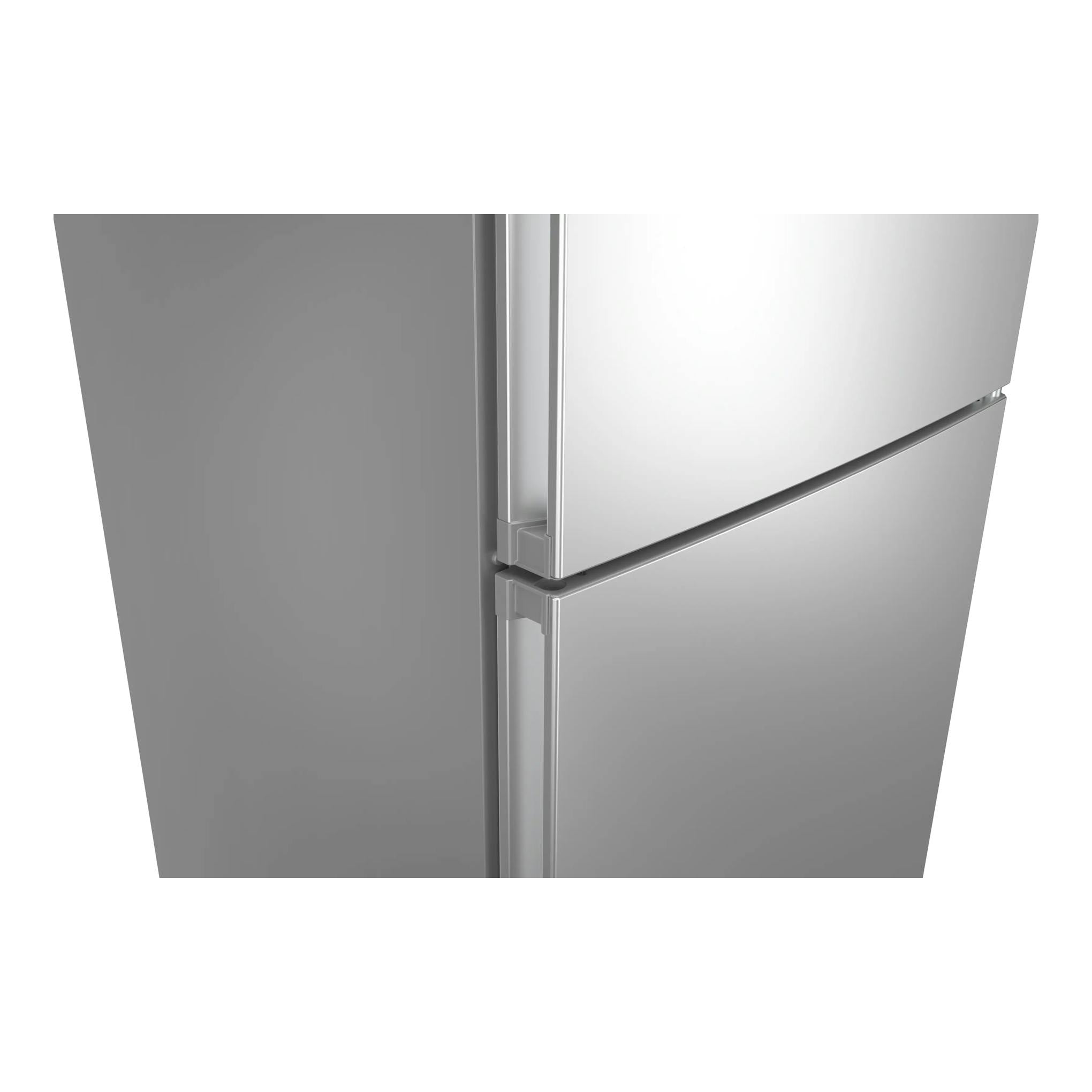 Frigorífico combi Balay 3KFD753XI en inox, vista frontal en primer plano de las puertas.