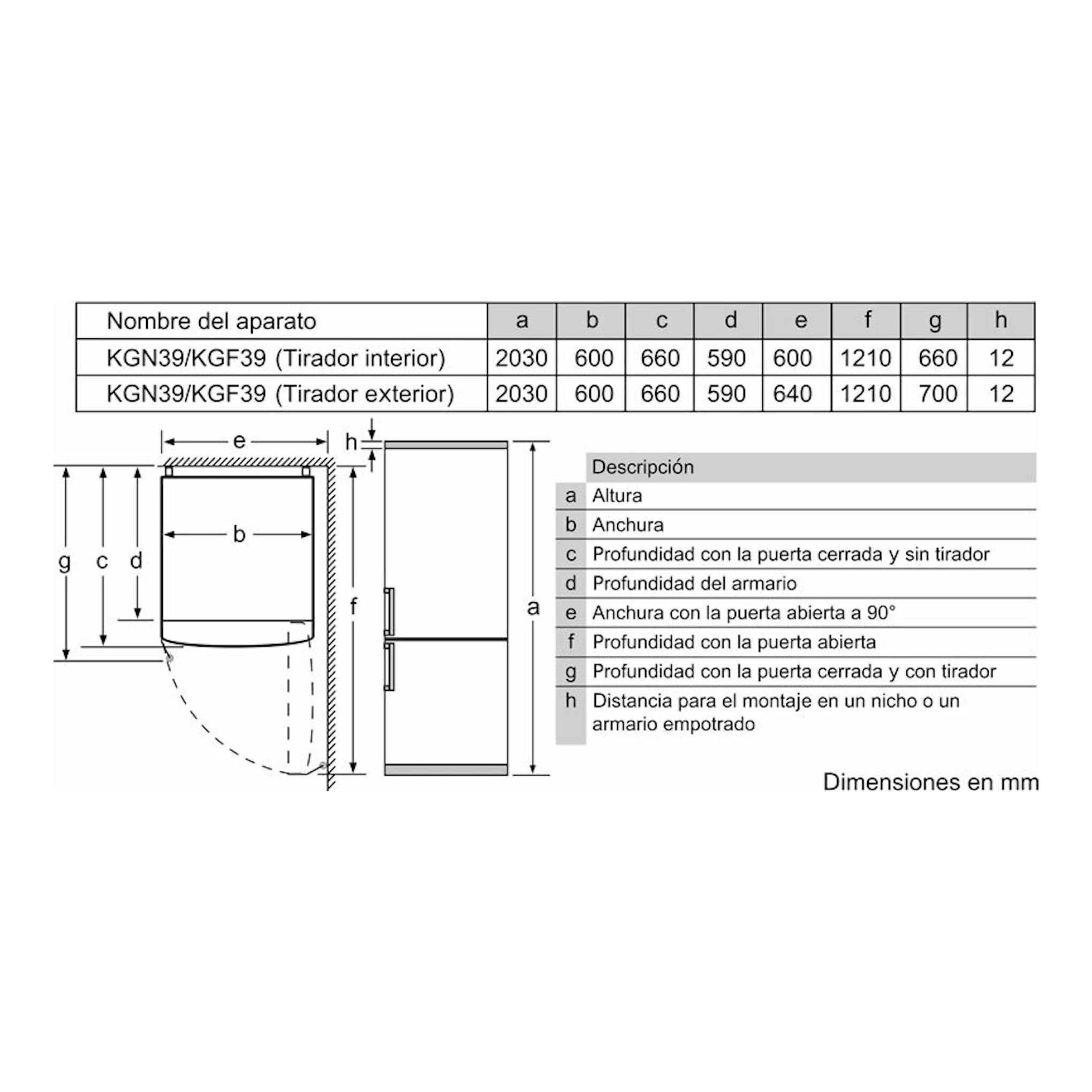 Esquema de dimensiones de frigorífico combi, vistas frontal y lateral, en mm.