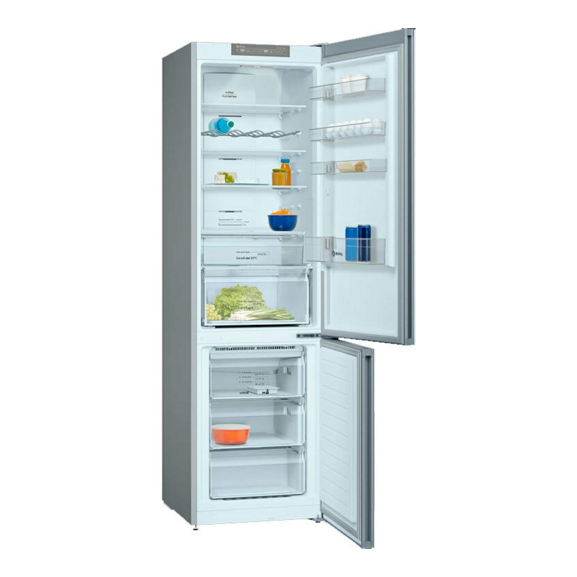 Frigorífico combi Balay 3KFD765AI gris, vista frontal con puertas abiertas y compartimentos visibles.