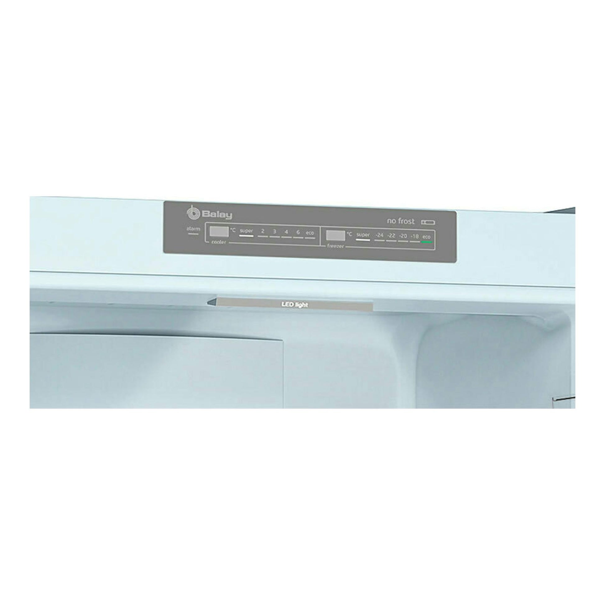Frigorífico combi Balay gris, vista frontal parcial con panel de control y luz LED, no frost.