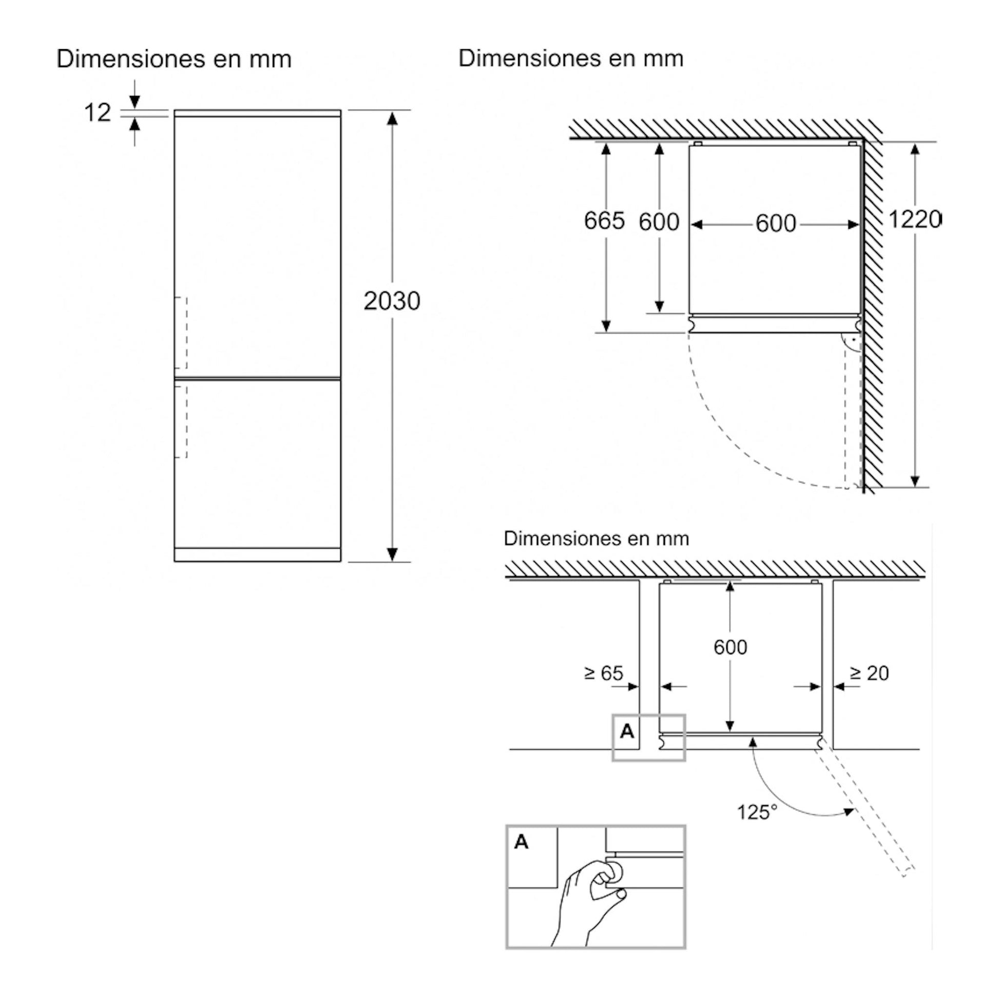 Plano de dimensiones del frigorífico combi Balay 3KFD855BI, vista frontal y lateral en blanco.