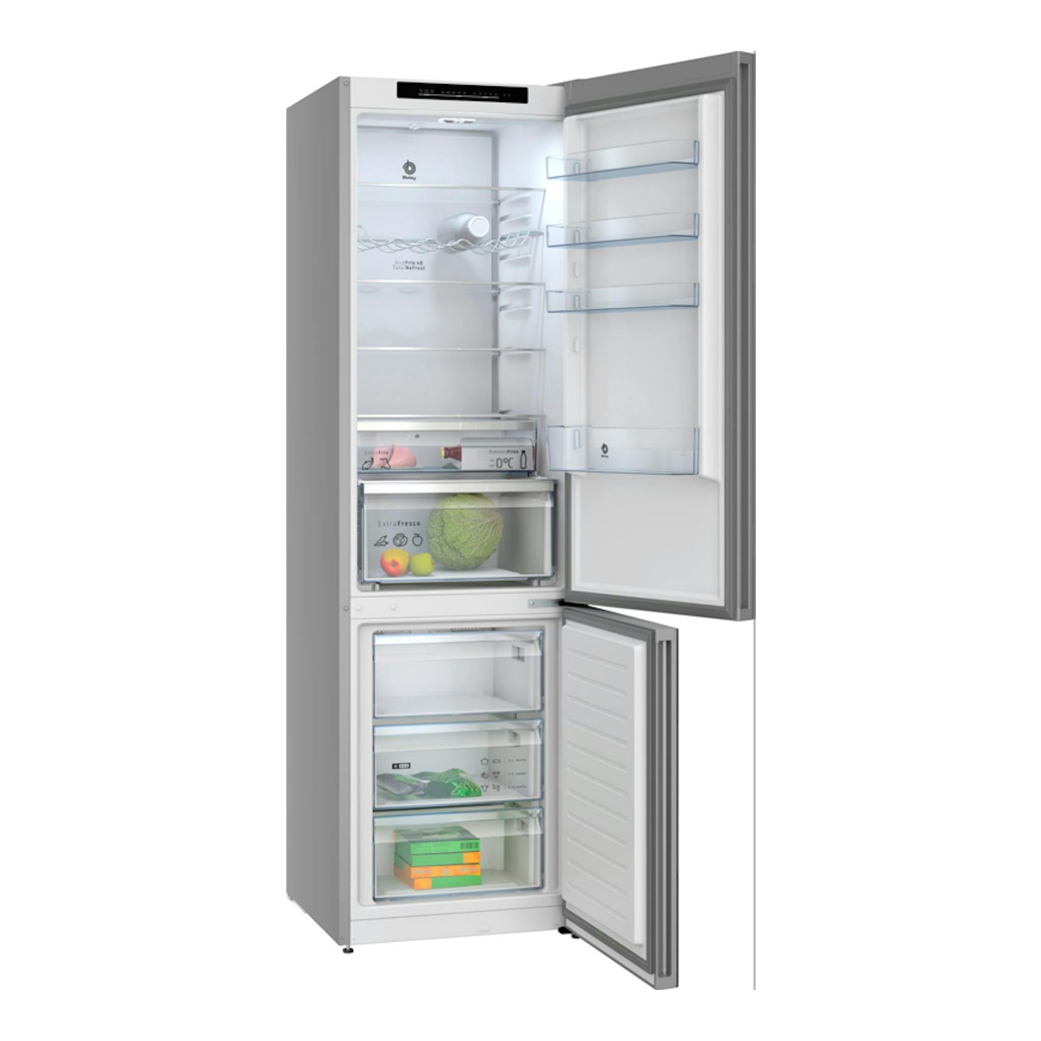 Frigorífico combi Balay 3KFD855BI Cristal Blanco, vista frontal con puertas abiertas.