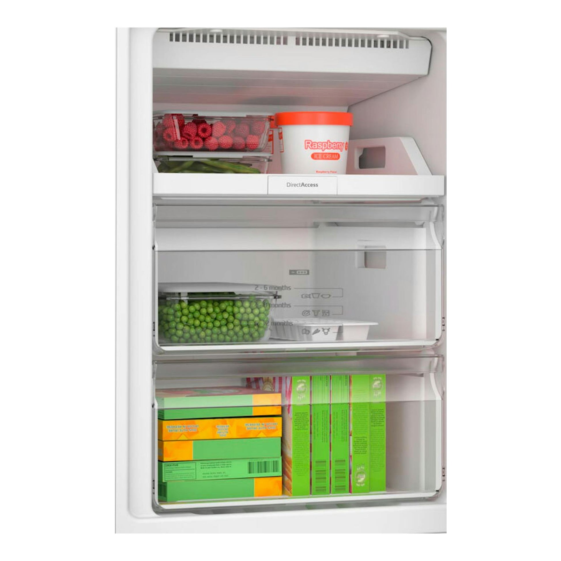 Interior de frigorífico combi Balay 3KFE351WI blanco, vista frontal con puerta abierta y cajones con alimentos.