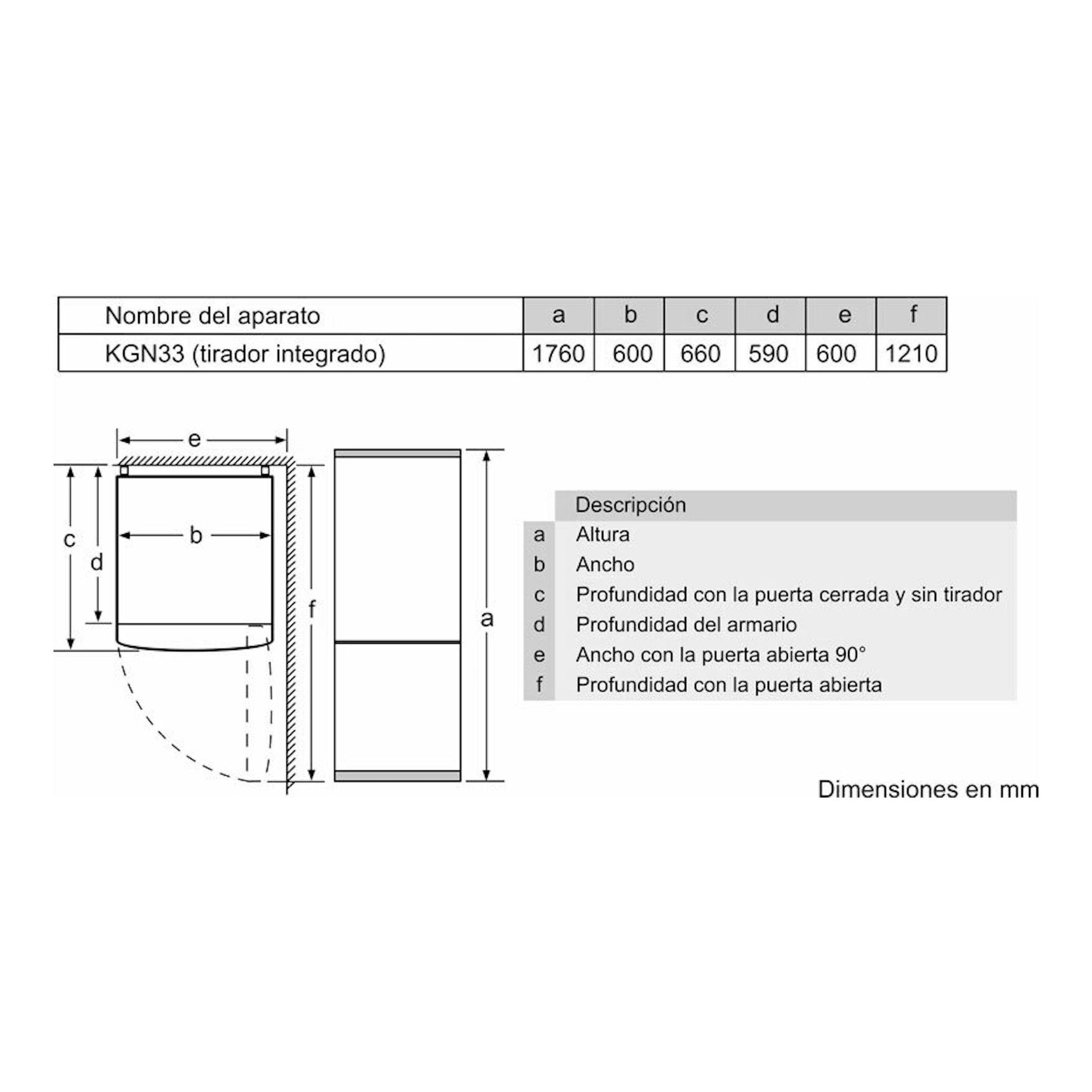Diagrama técnico de frigorífico combi Balay 3KFE361WI, vistas frontal y lateral, con medidas en mm.
