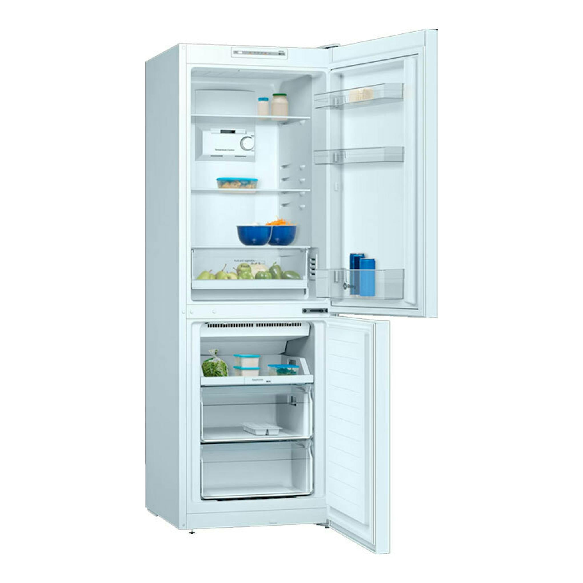Frigorífico combi Balay 3KFE361WI blanco, vista frontal con puertas abiertas y compartimentos interiores visibles.