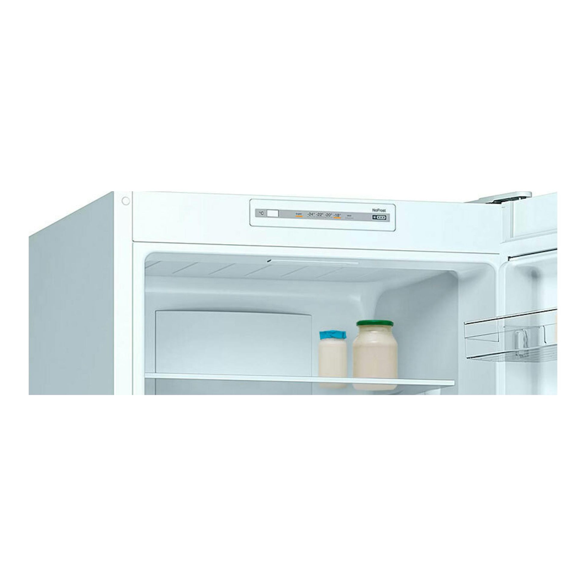 Frigorífico combi Balay 3KFE361WI blanco, puerta abierta en vista frontal con interior y estantes visibles.