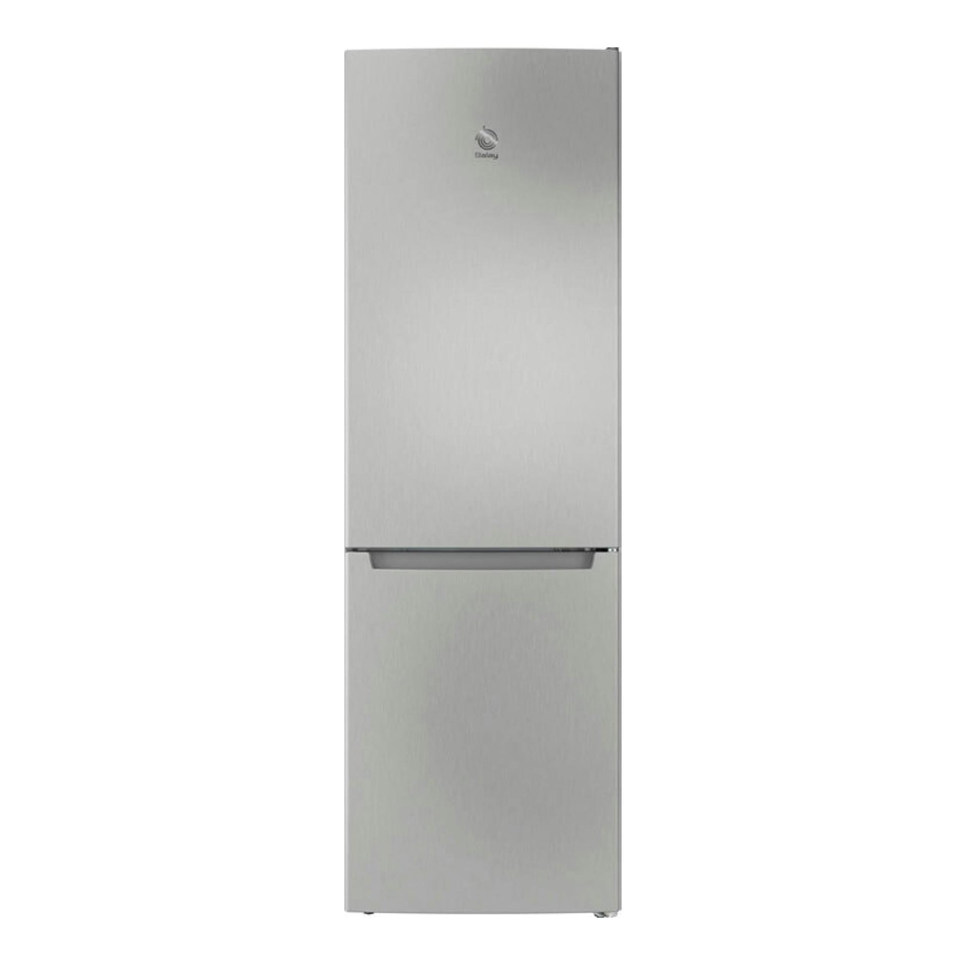 Frigorífico combi Balay 3KFE551MI inox, vista frontal, con dos puertas y acabado metálico.