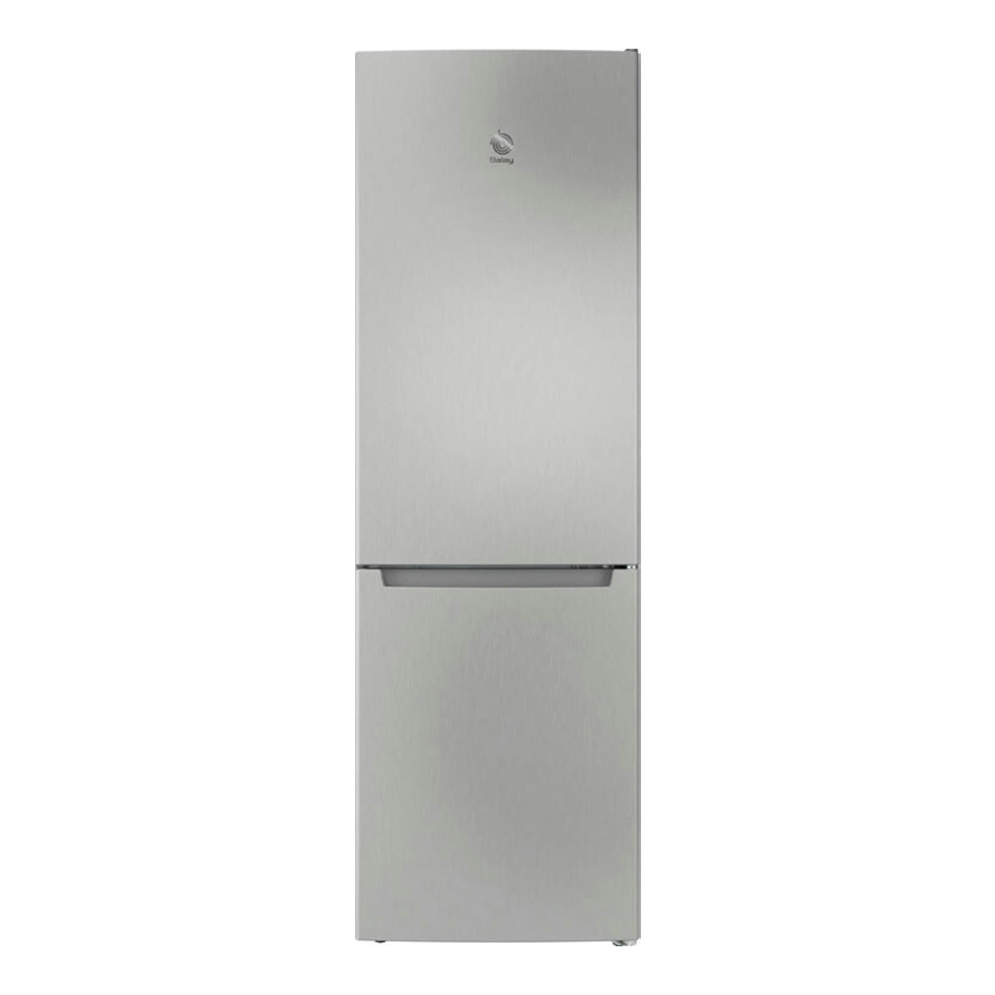 Frigorífico combi Balay 3KFE551MI inox, vista frontal, con dos puertas y acabado metálico.