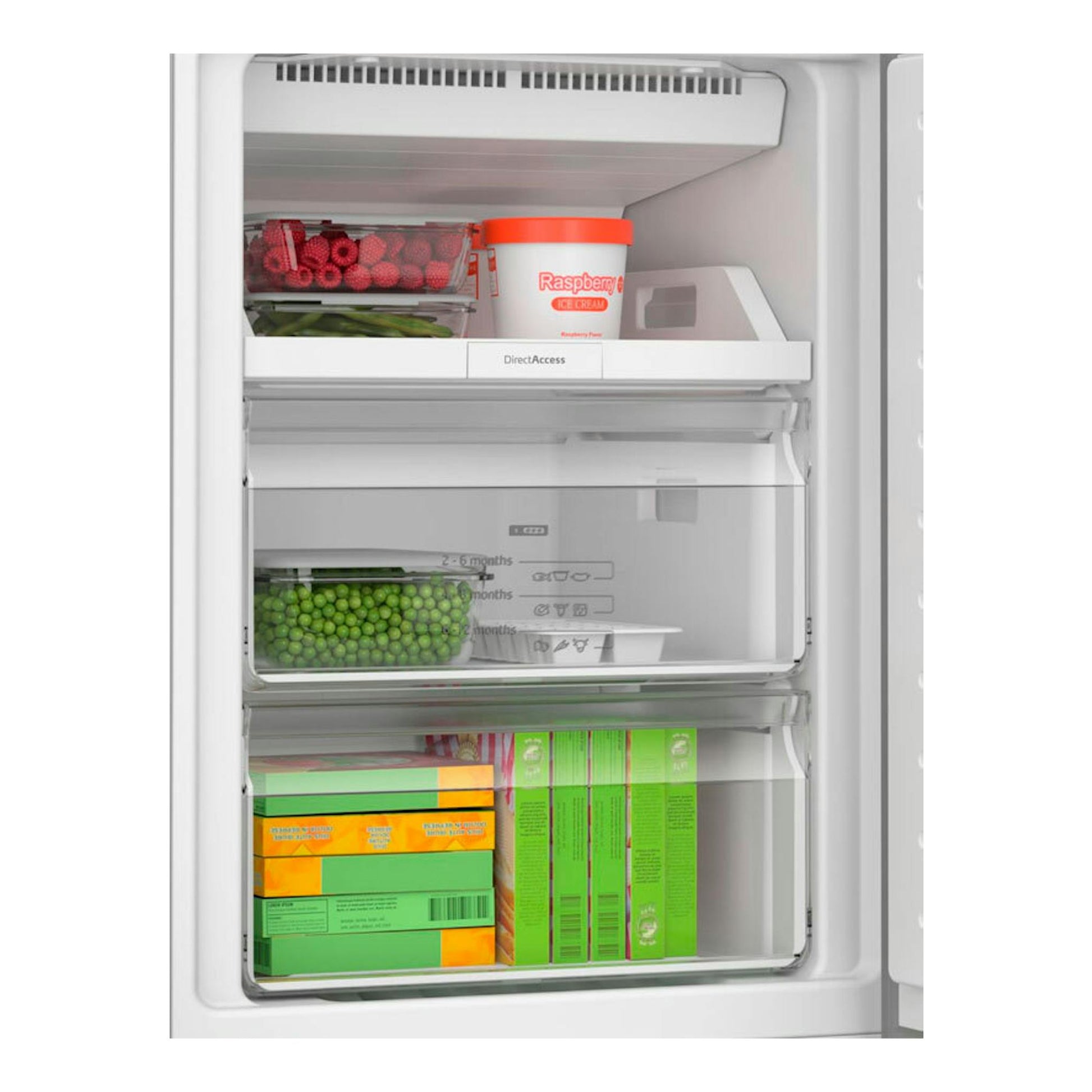 Vista frontal del interior del congelador de un frigorífico Balay 3KFE551MI Inox, con cajones y alimentos congelados.