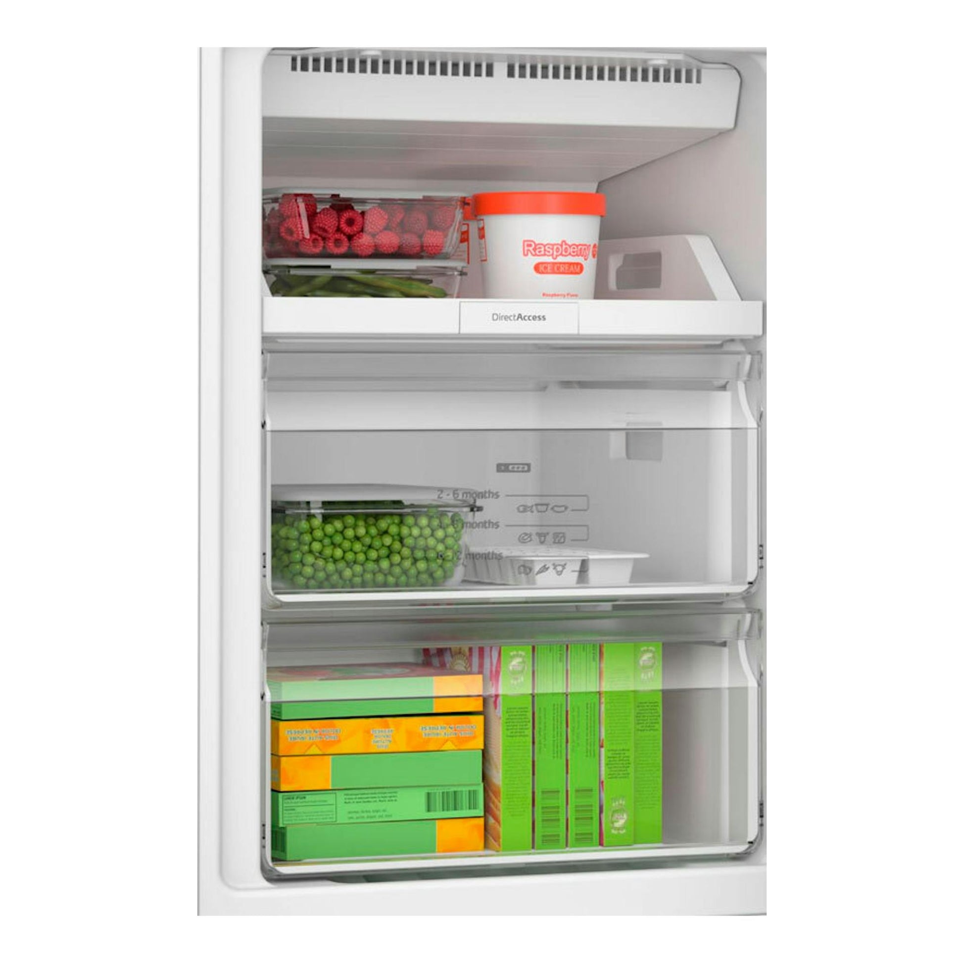 Frigorífico combi Balay 3KFE551WI blanco, vista frontal interior abierta con cajones y alimentos.
