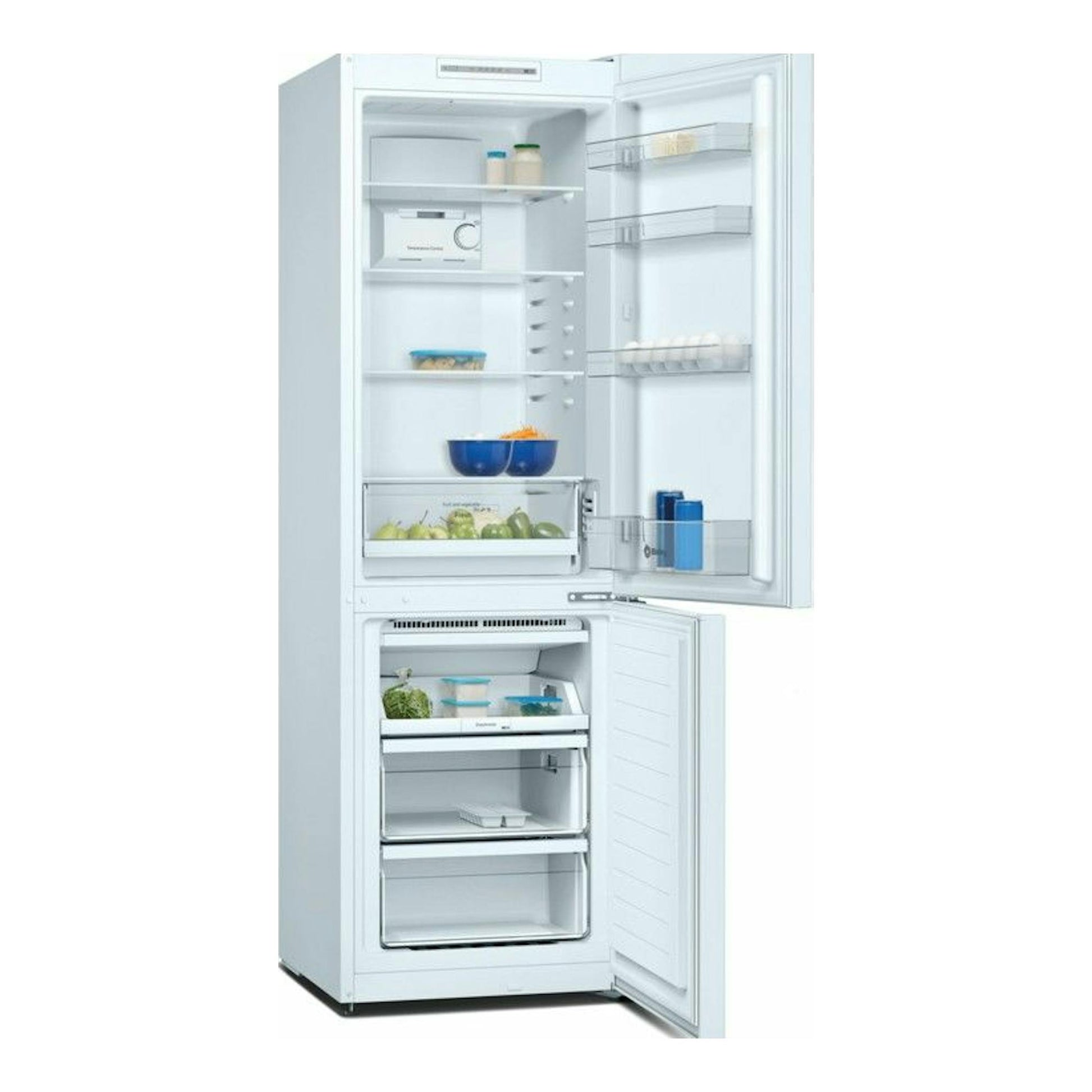 Frigorífico combi Balay 3KFE561WI blanco, vista frontal, con puertas abiertas e interior visible.