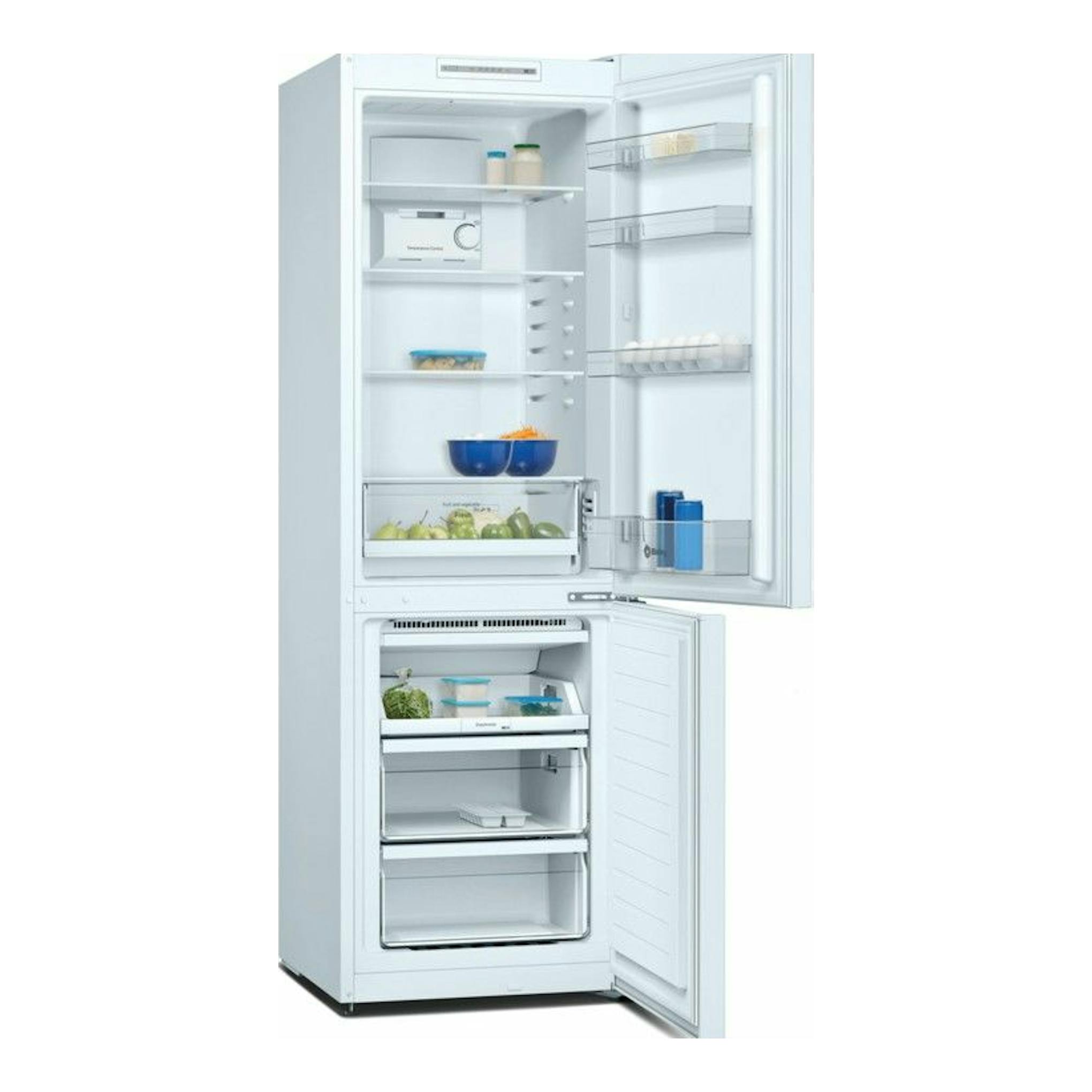 Frigorífico combi Balay 3KFE561WI blanco, vista frontal, con puertas abiertas e interior visible.