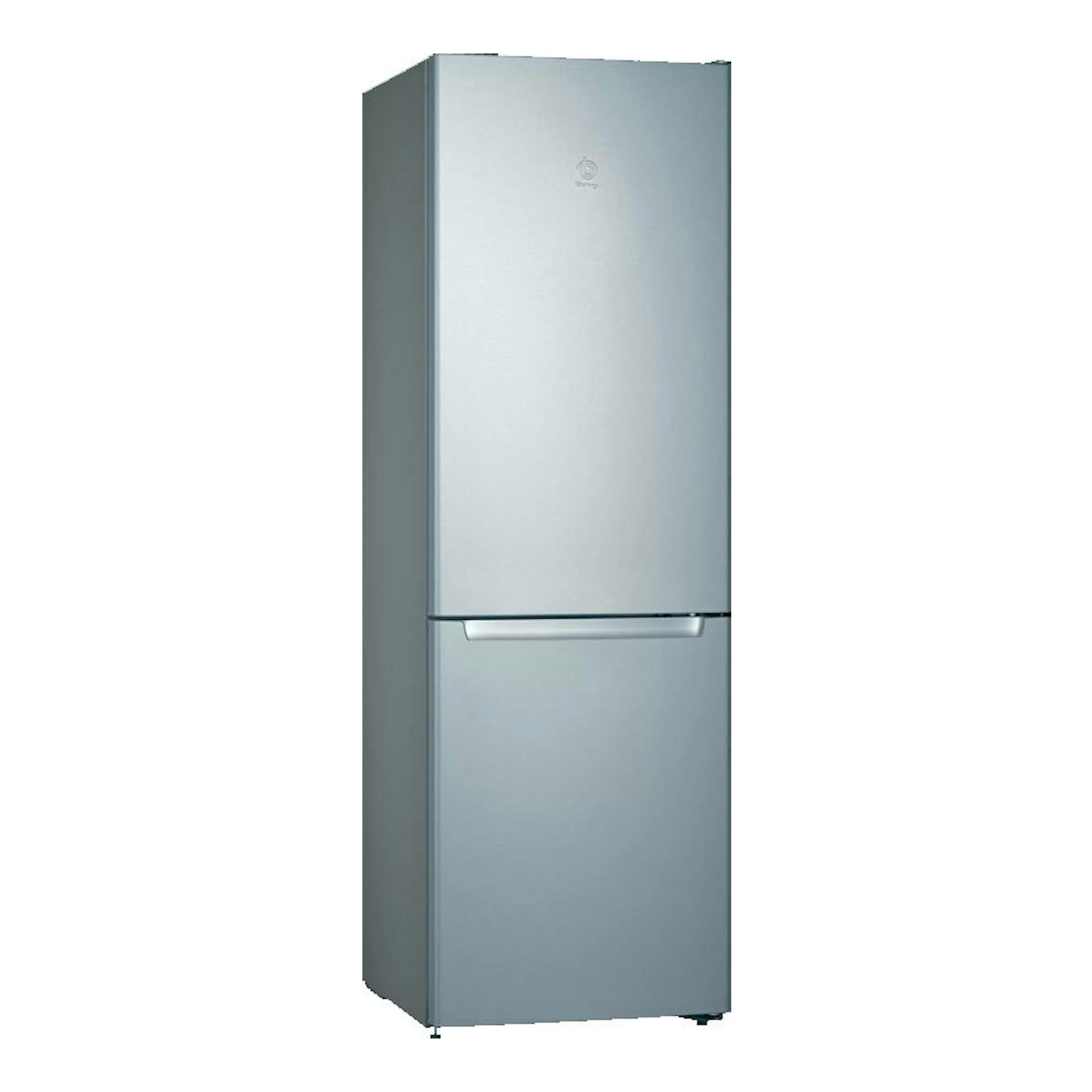 Frigorífico combi Balay 3KFE563XI inox, vista frontal, acabado plateado con dos puertas.