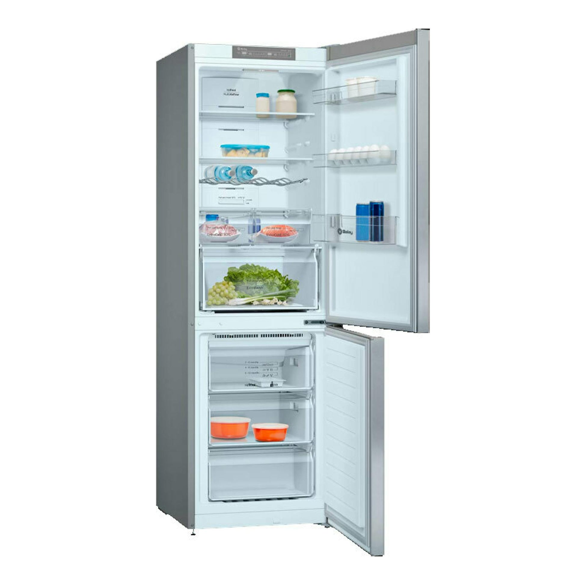 Frigorífico combi Balay 3KFE563XI inox, vista frontal, con puertas abiertas y compartimentos visibles.