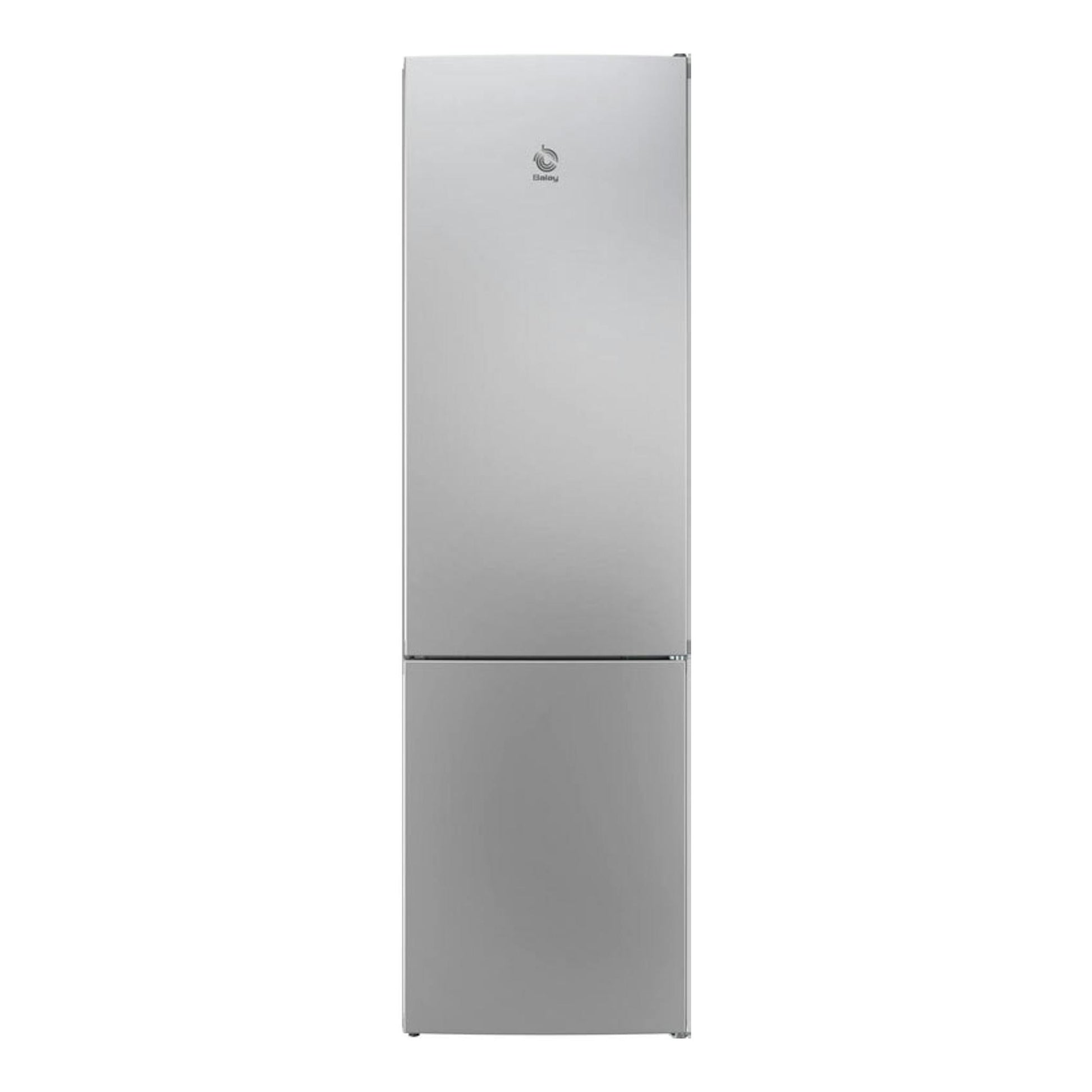 Frigorífico combi Balay 3KFE753XI inox, vista frontal, dos puertas, acabado plateado.
