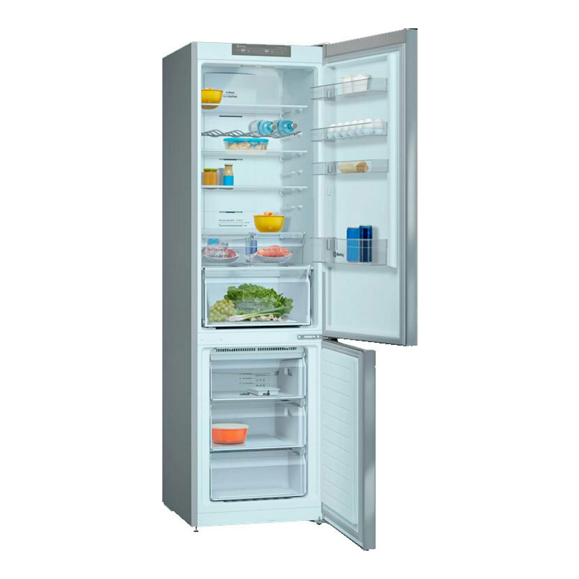 Frigorífico combi Balay 3KFE763XI inox, vista frontal con puertas abiertas y cajones interiores.