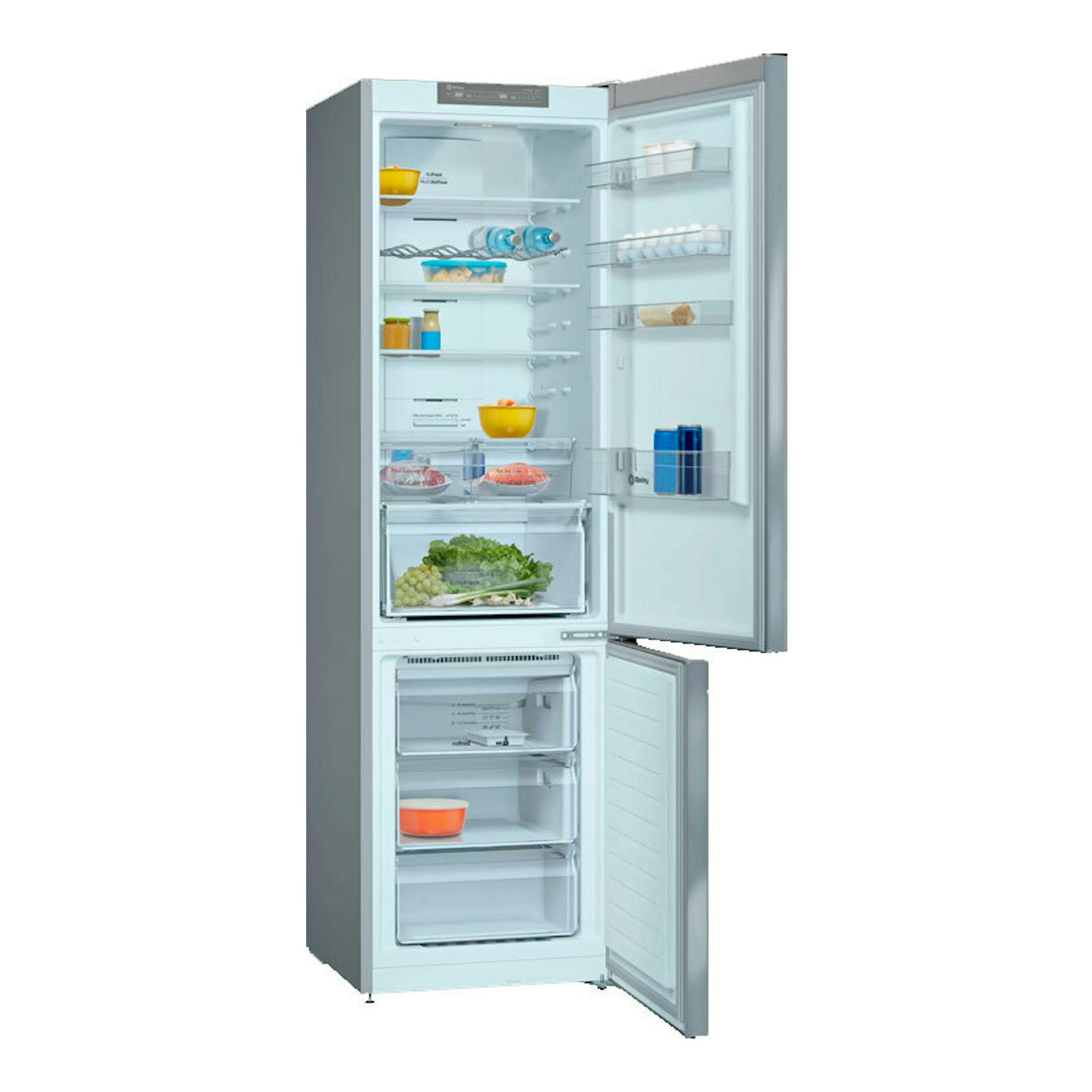 Frigorífico combi Balay 3KFE763XI inox, vista frontal con puertas abiertas y cajones interiores.