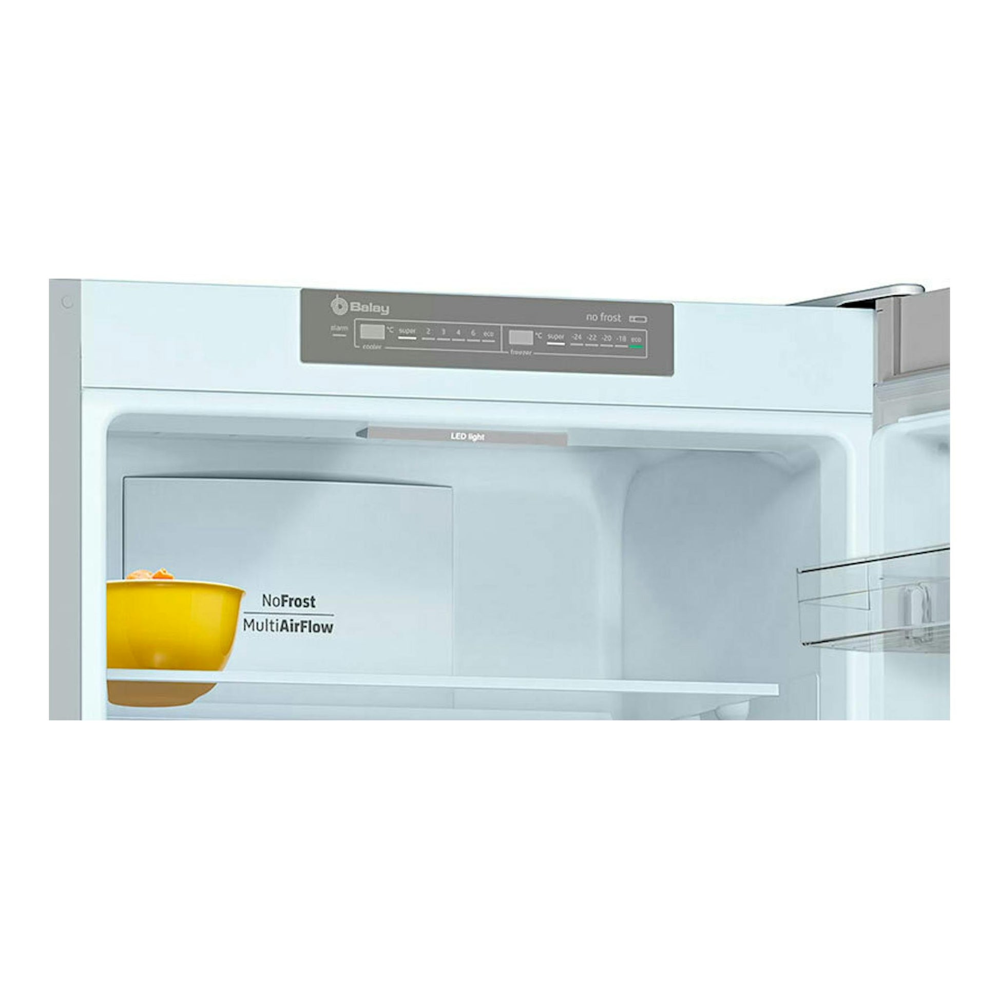 Frigorífico combi Balay 3KFE763XI inox, puerta abierta, vista frontal del interior blanco y panel digital.