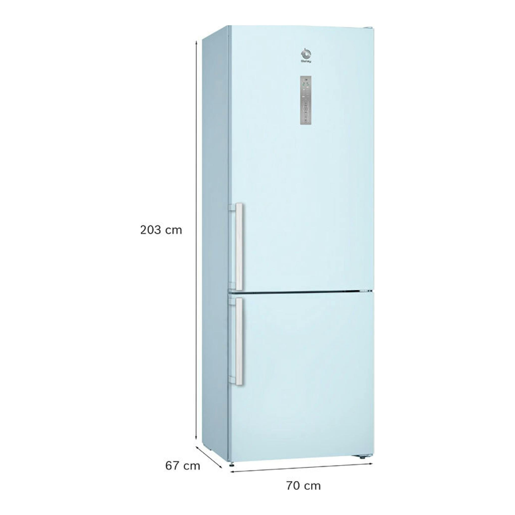 Frigorífico combi Balay 3KFE777WE blanco, vista frontal en ángulo, 203 x 70 x 67 cm.
