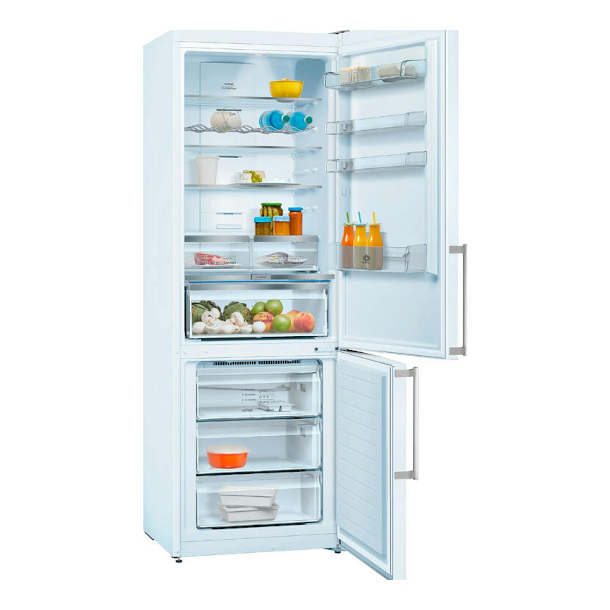 Frigorífico combi Balay 3KFE777WE blanco, vista frontal con puertas abiertas y compartimentos interiores visibles.