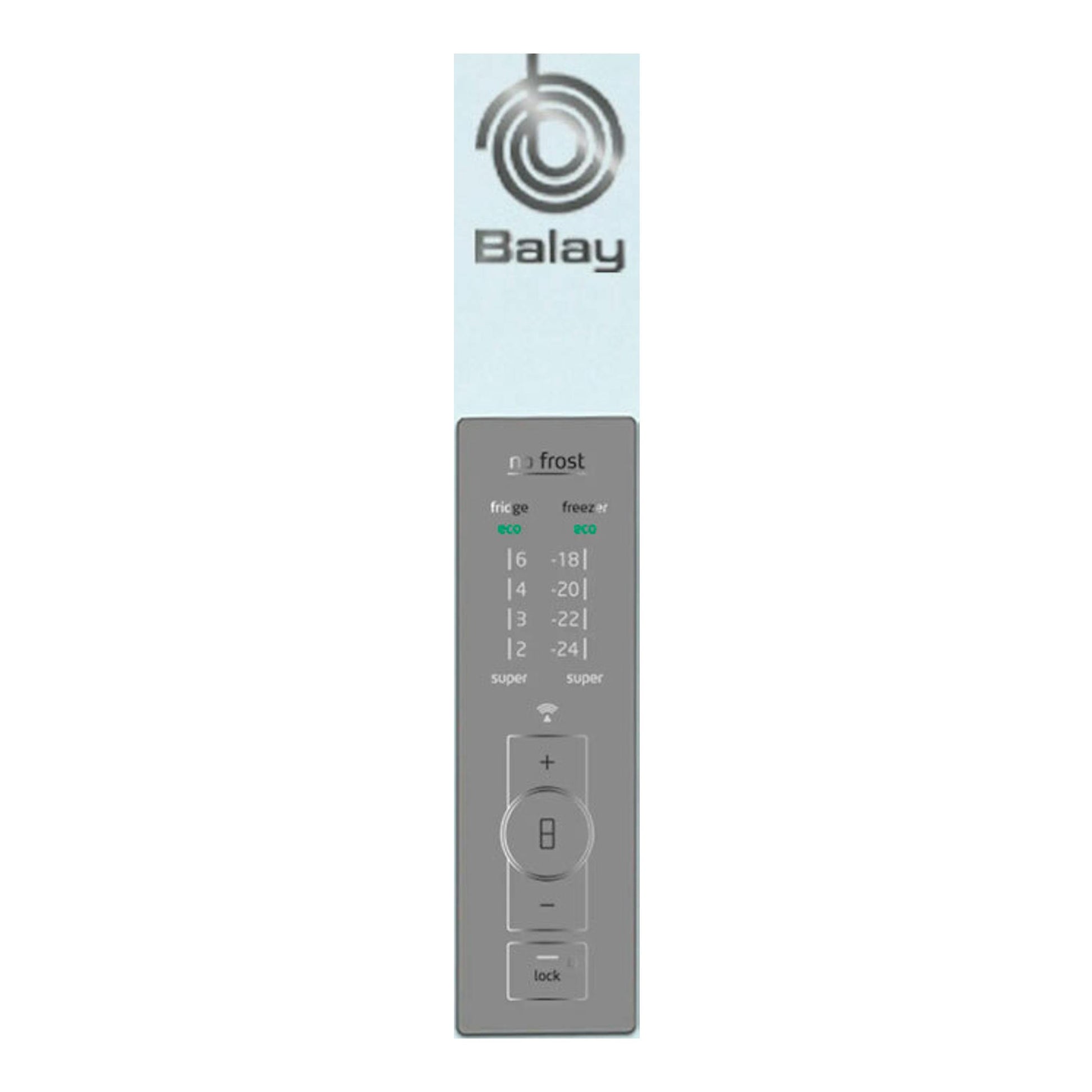 Frigorífico combi Balay blanco, vista frontal, con logotipo Balay y panel de control digital.