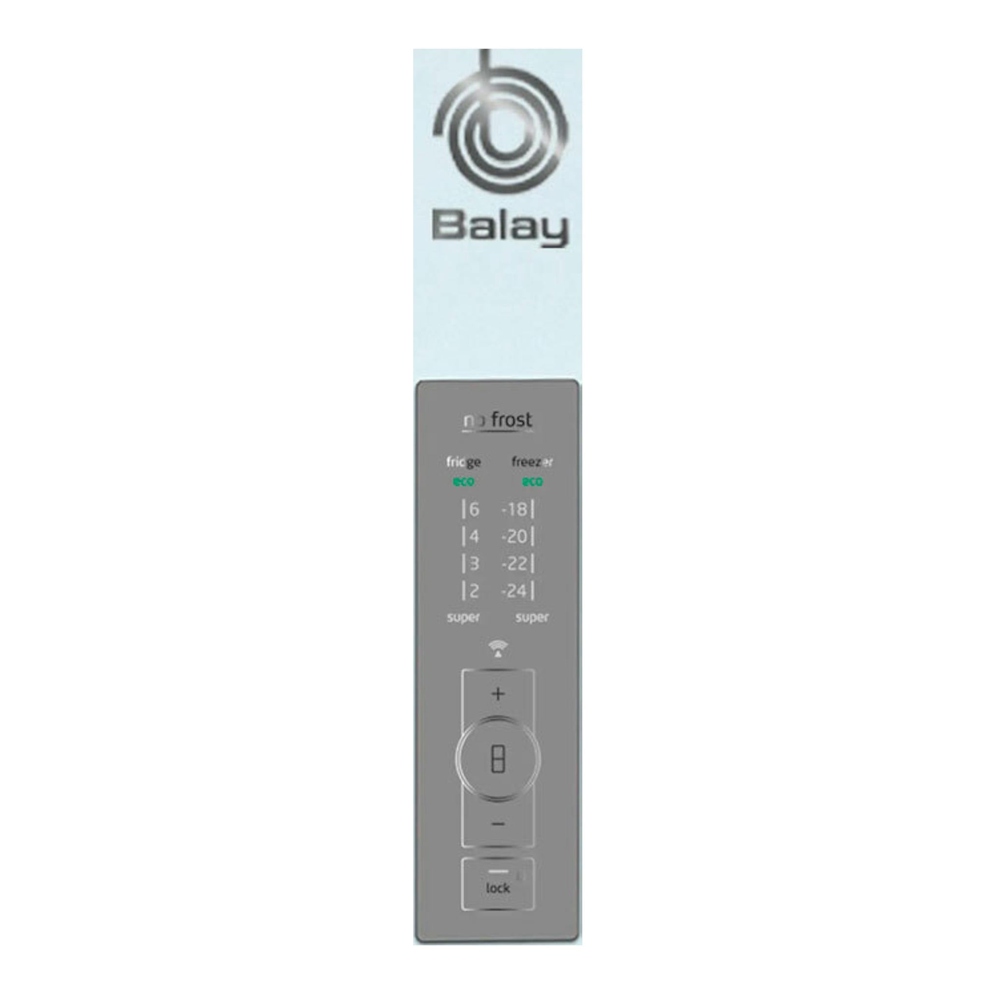 Frigorífico combi Balay blanco, vista frontal, con logotipo Balay y panel de control digital.