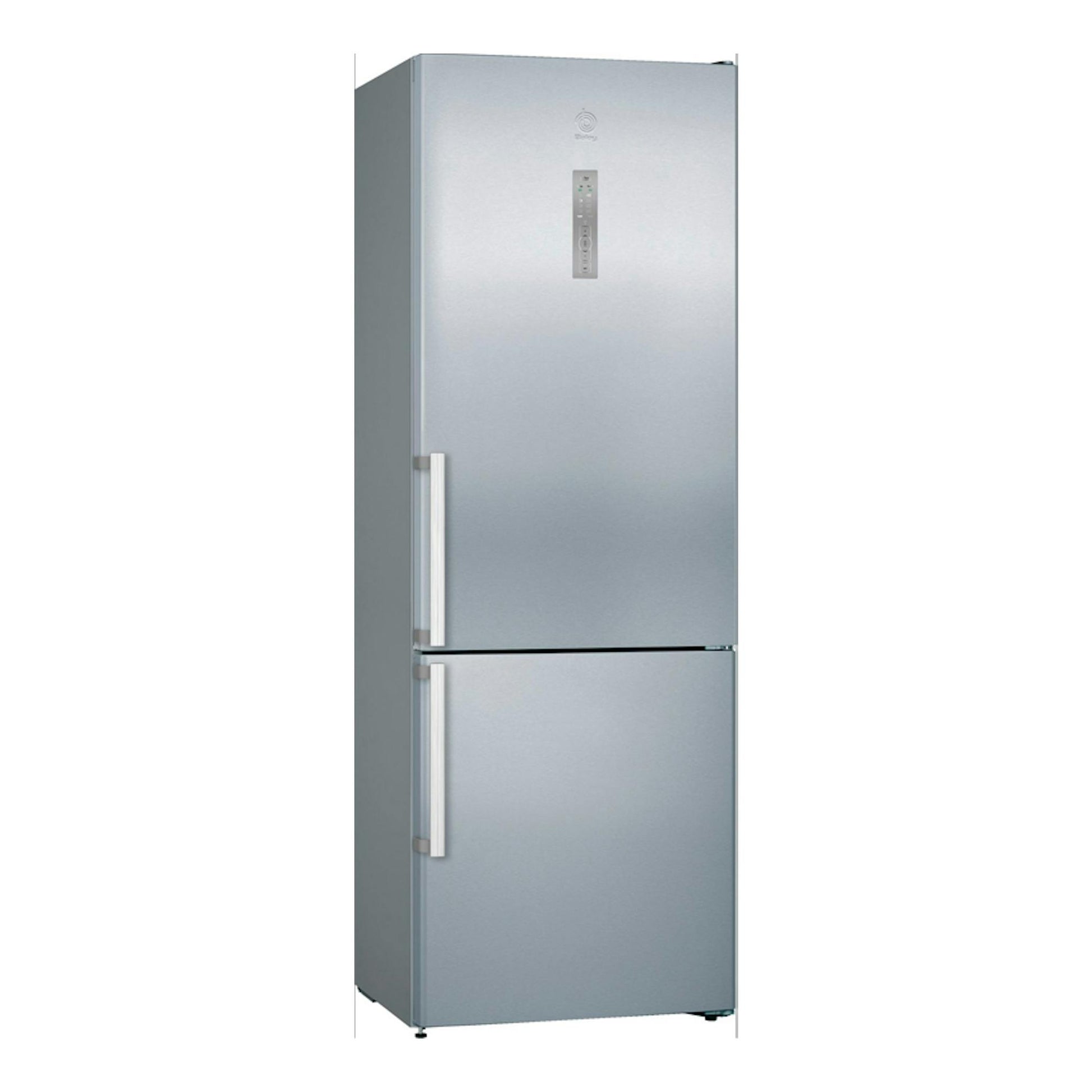 Frigorífico combi Balay 3KFE777XE inox, vista frontal, dos puertas y asas verticales.