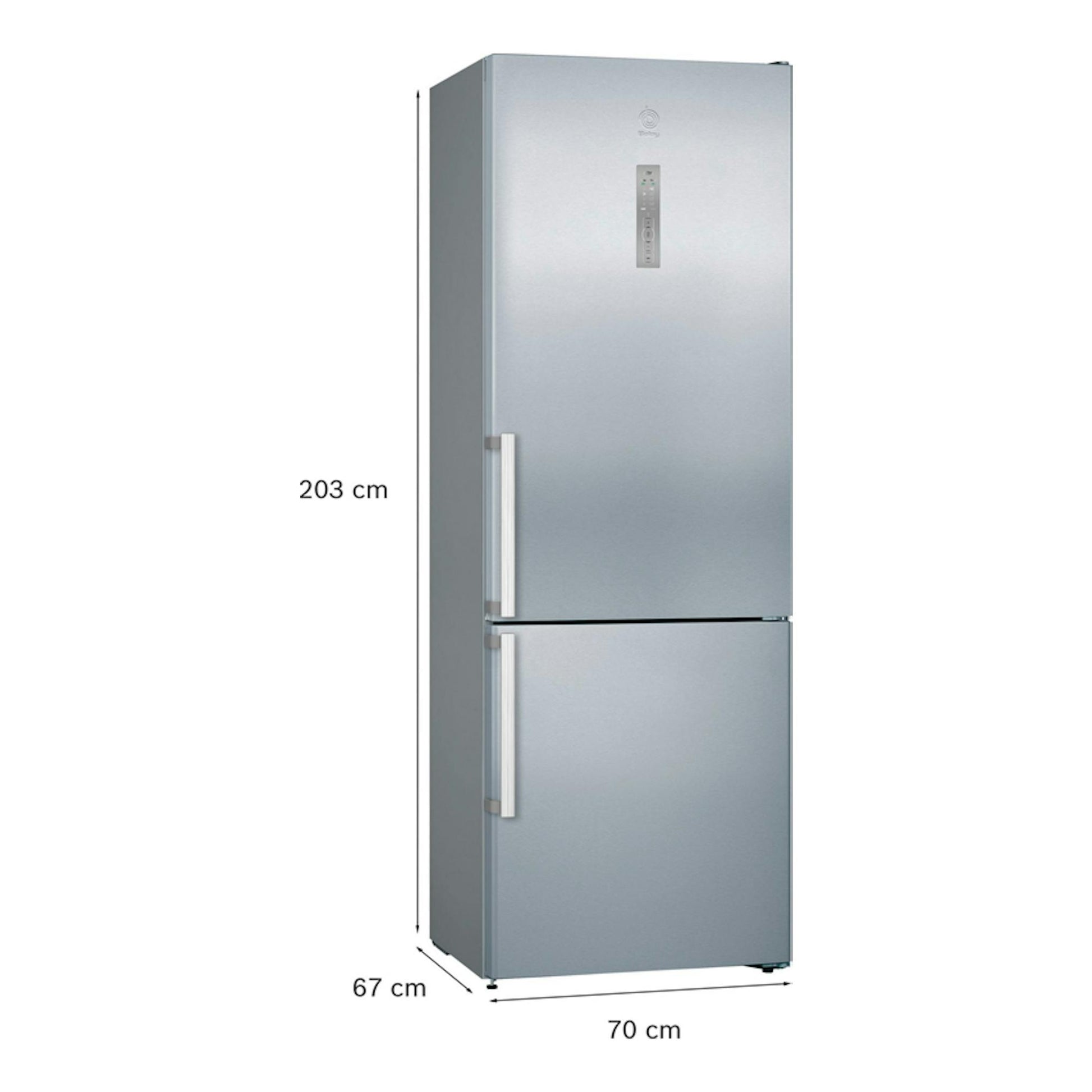 Frigorífico combi Balay 3KFE777XE inox, vista frontal, dos puertas, 203 cm de alto.