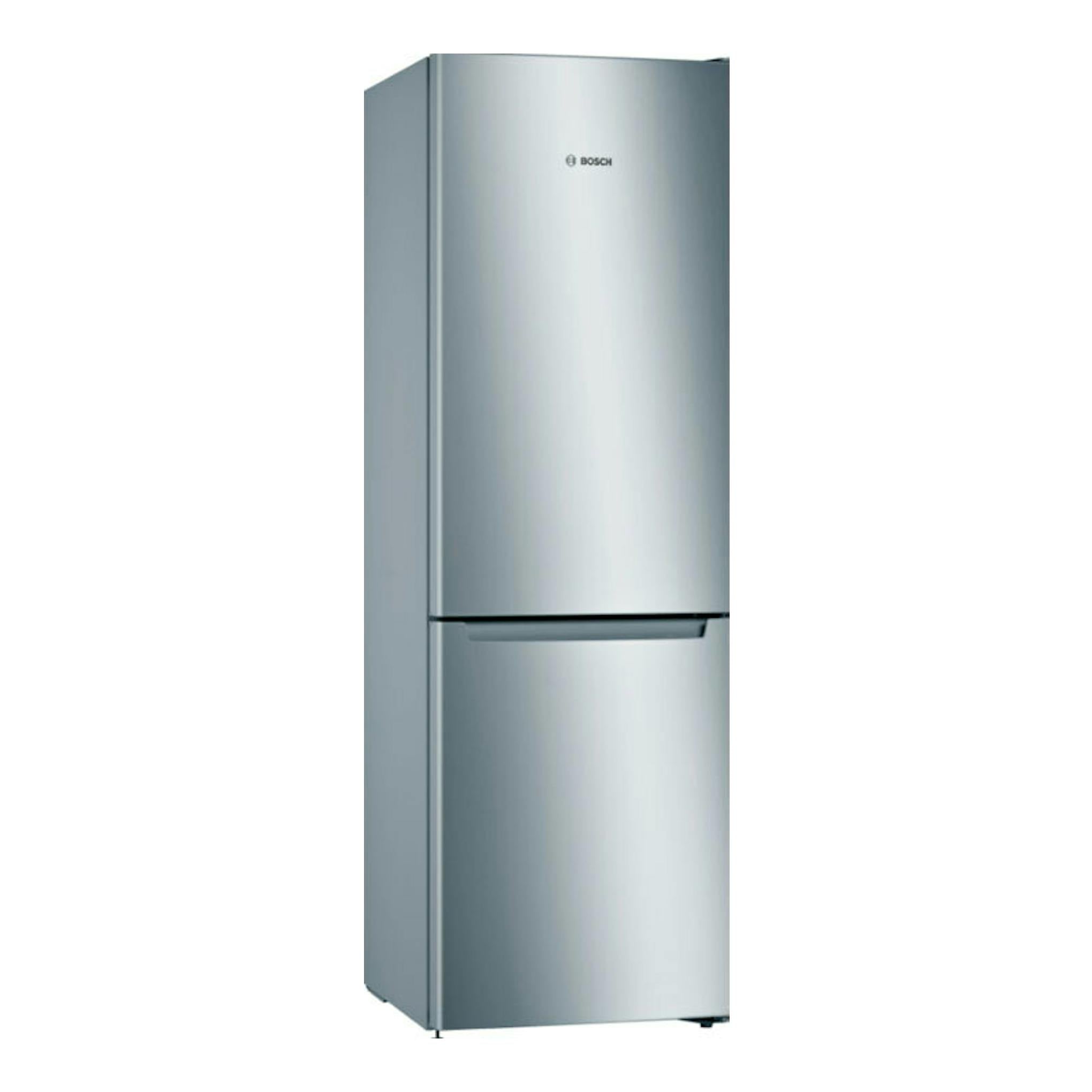 Frigorífico combi Bosch KGN33NLEB inox, vista frontal en ángulo, con dos puertas y tirador oculto.