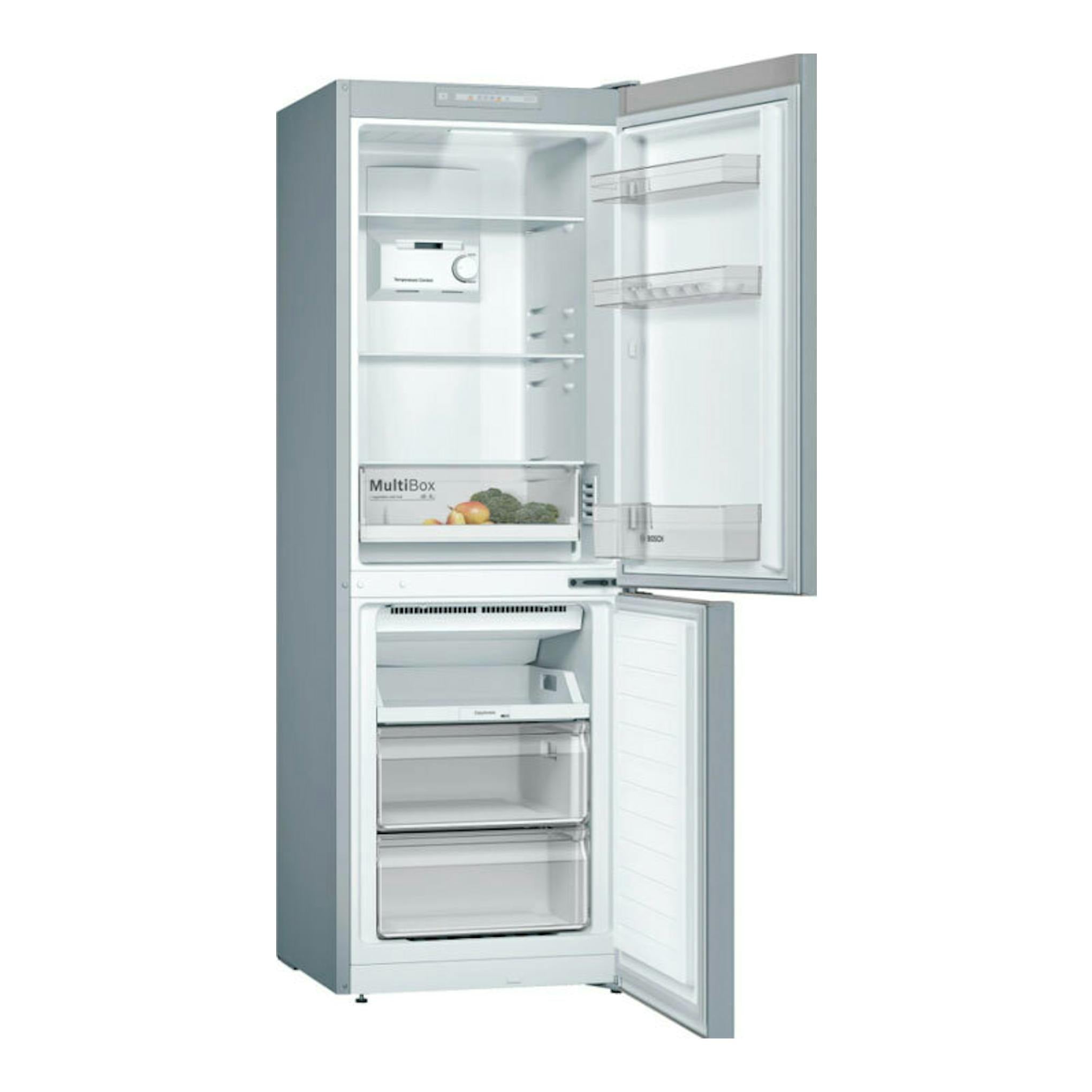 Frigorífico combi Bosch KGN33NLEB inox, vista frontal con puertas abiertas y interior visible.