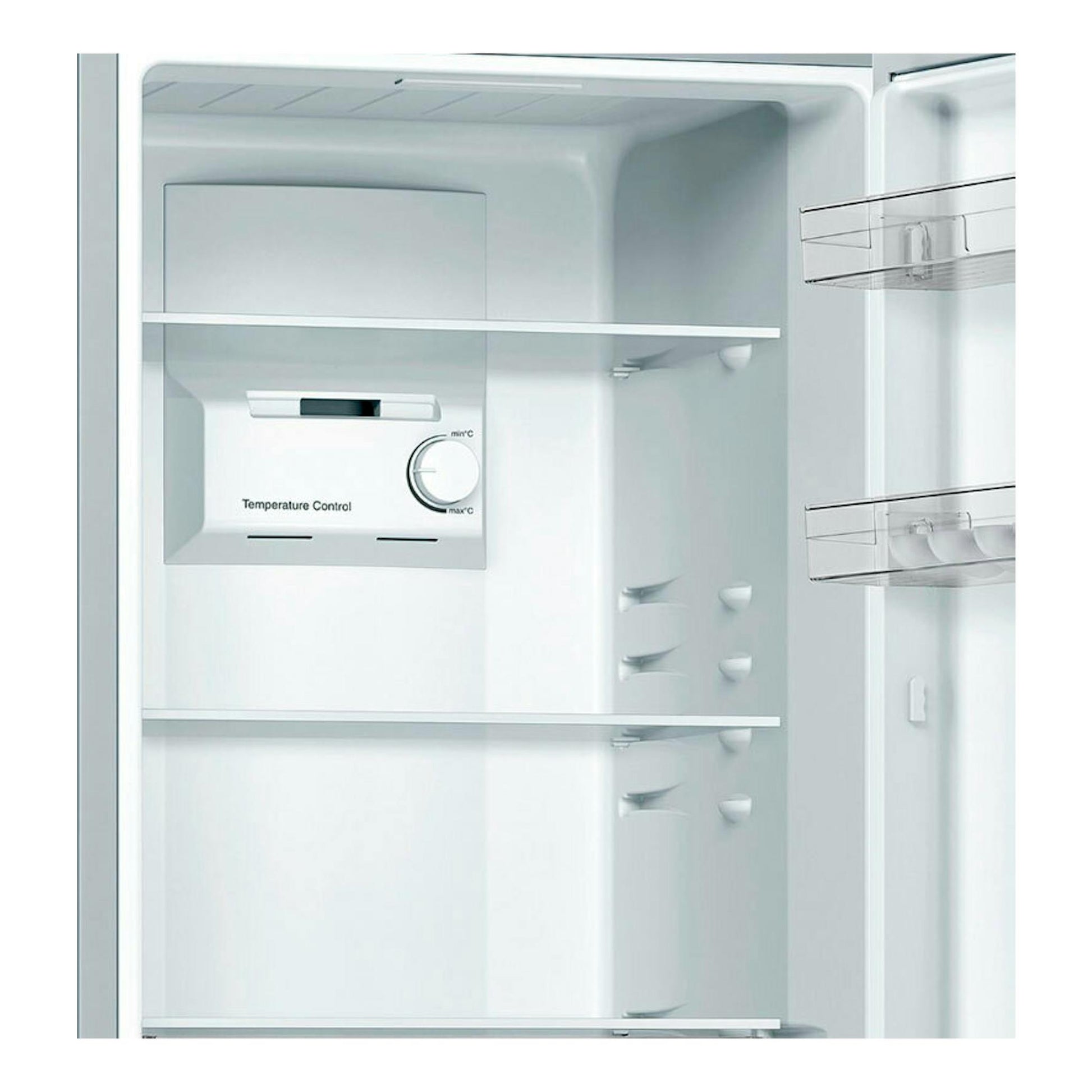 Interior de frigorífico Bosch KGN33NLEB inox, vista frontal, con baldas blancas y control de temperatura.
