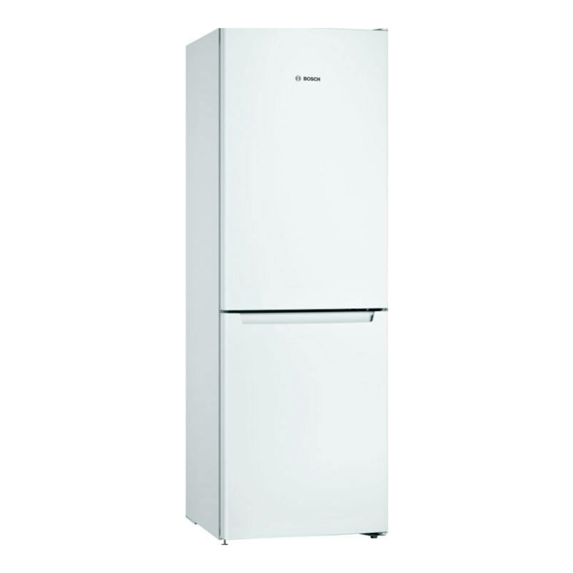 Frigorífico combi Bosch KGN33NWEB blanco, vista frontal ligeramente en ángulo.