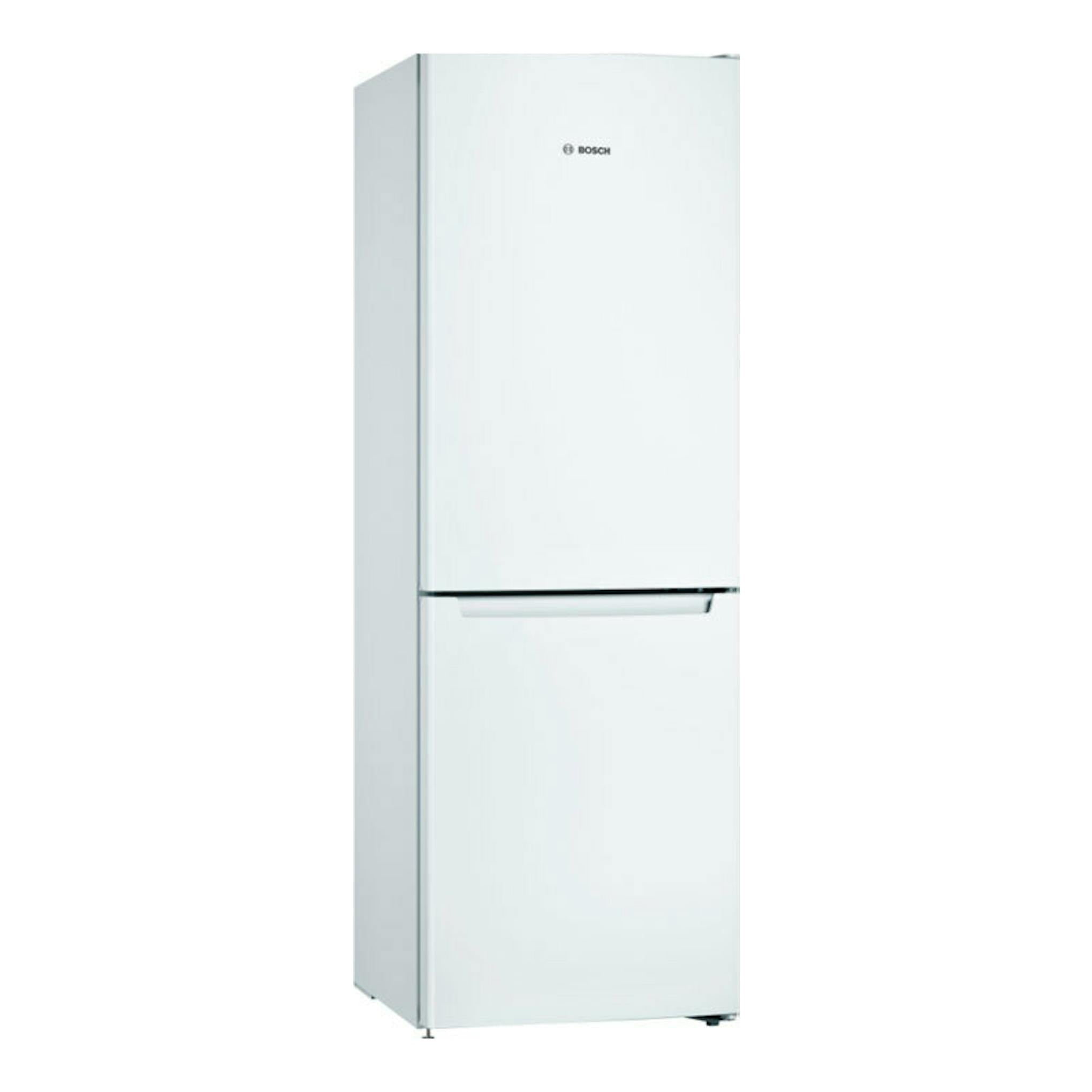 Frigorífico combi Bosch KGN33NWEB blanco, vista frontal ligeramente en ángulo.