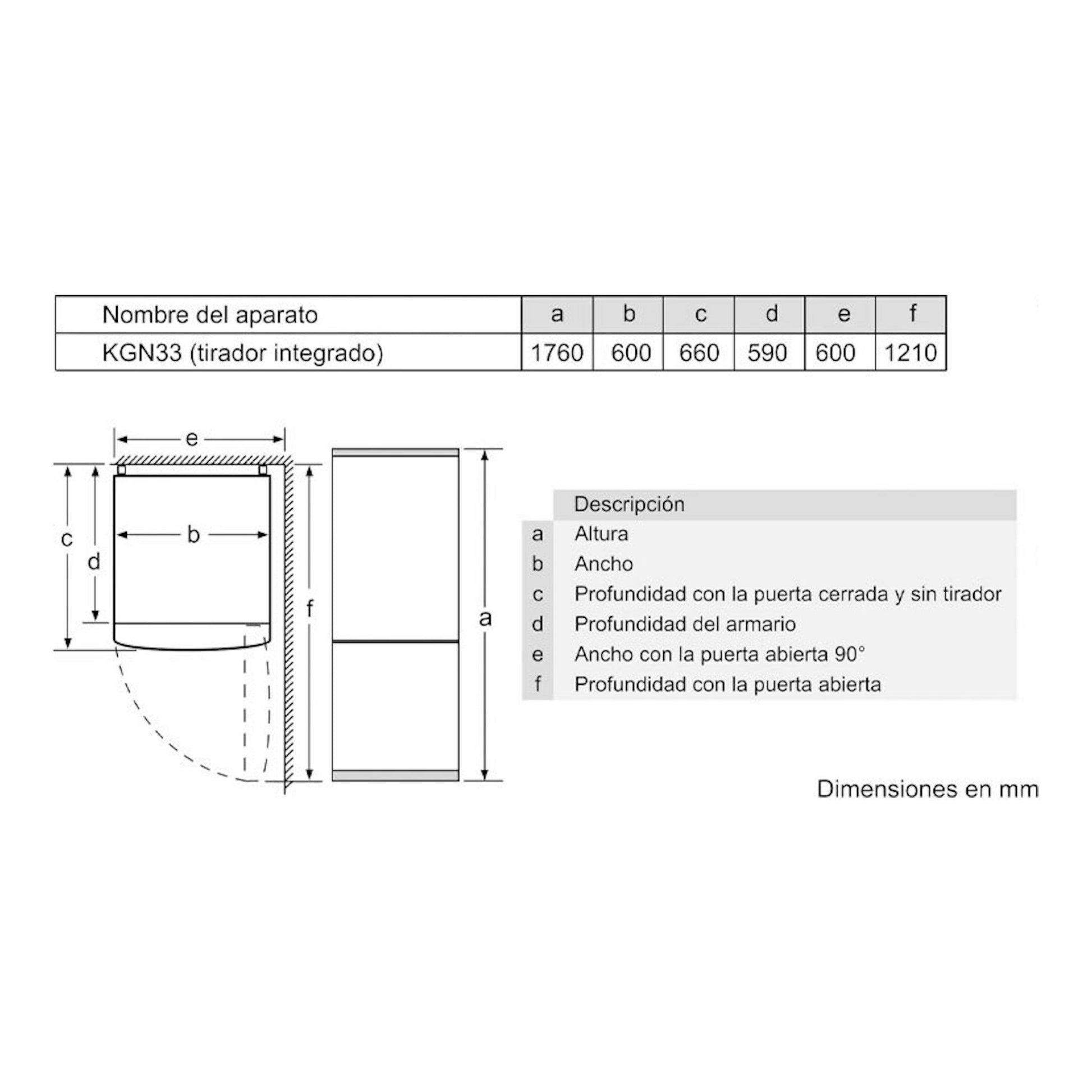 Diagrama técnico del frigorífico combi Bosch KGN33NWEB blanco, con medidas en mm y puerta abierta.