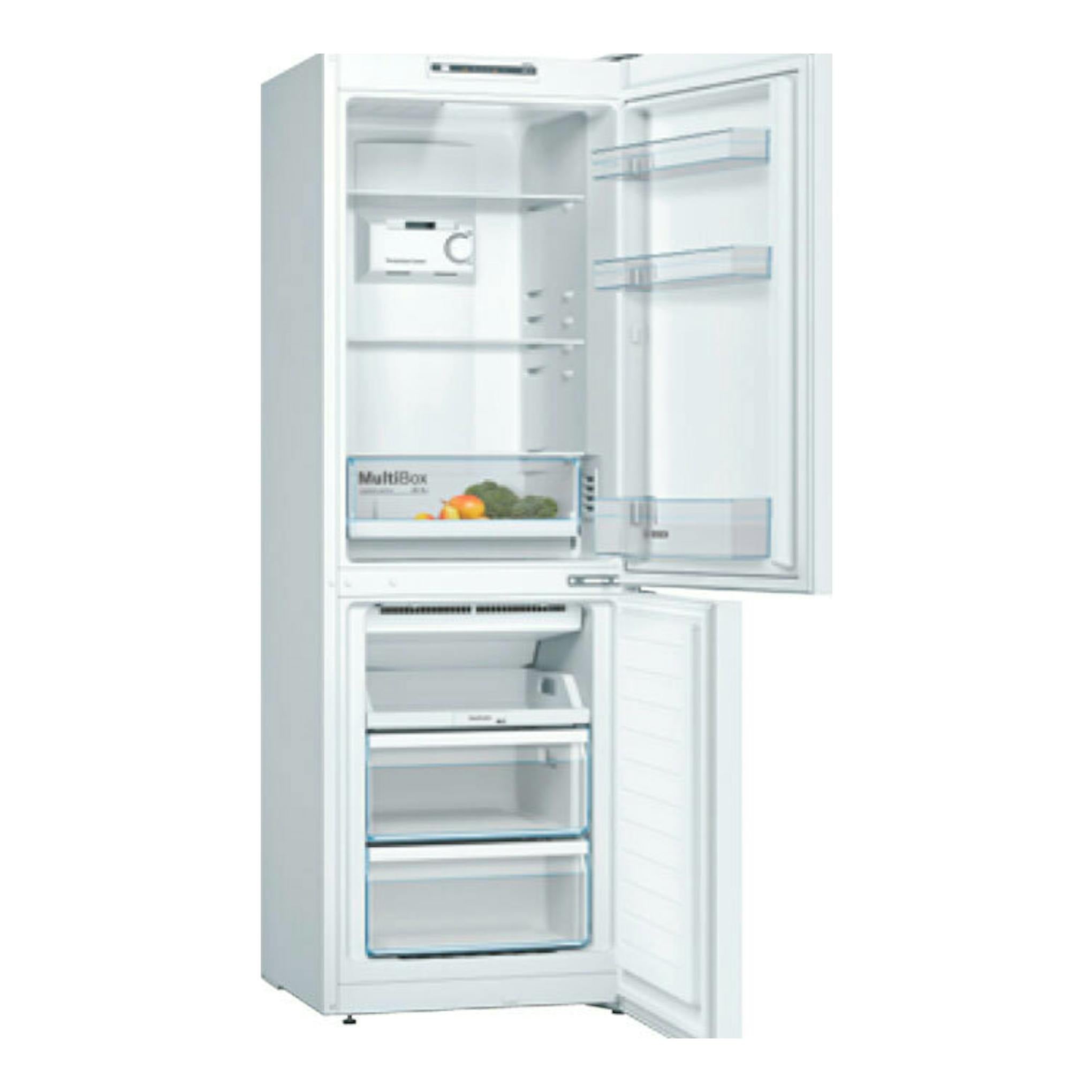 Frigorífico combi Bosch KGN33NWEB blanco, vista frontal con puertas abiertas y compartimentos interiores.