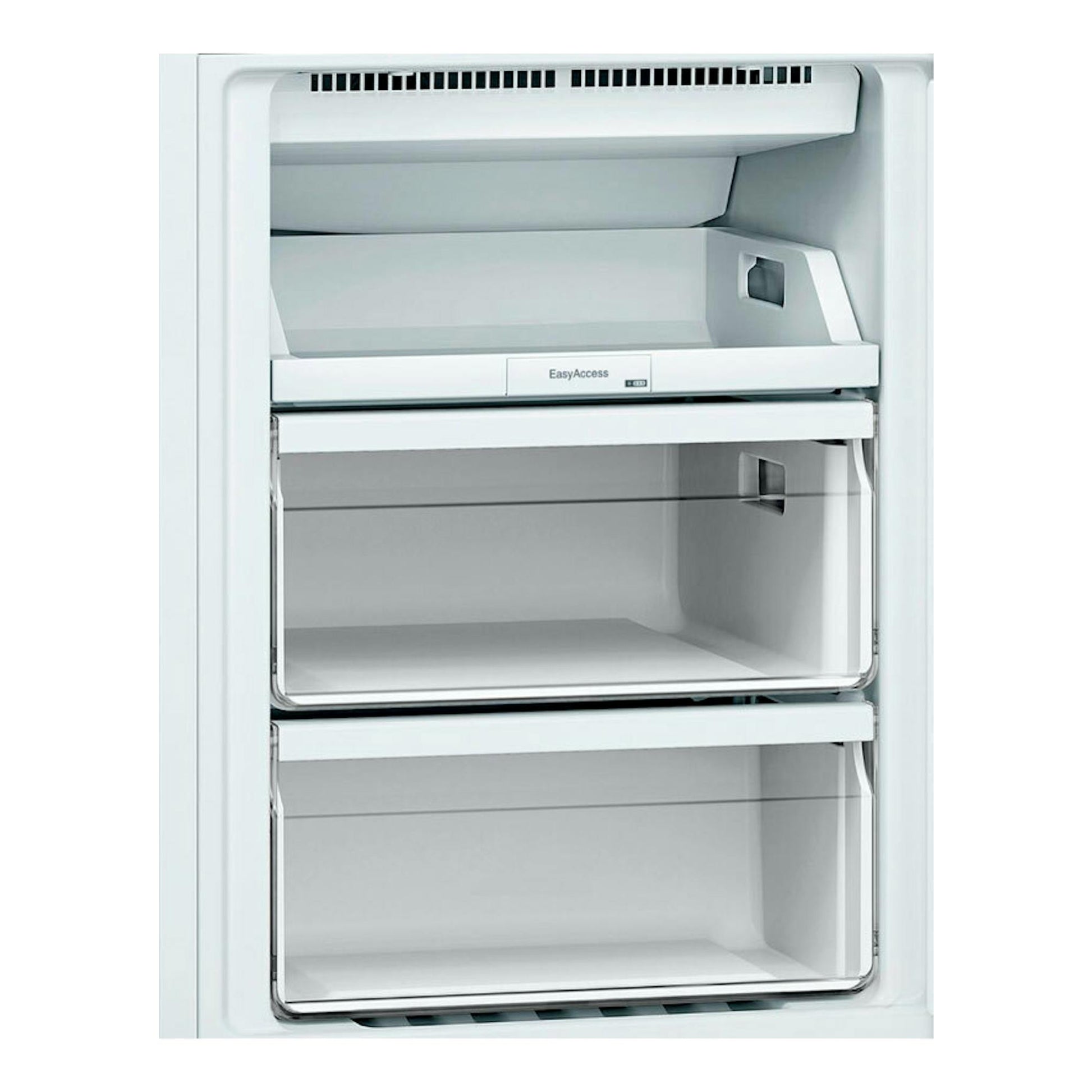 Interior de frigorífico combi Bosch KGN33NWEB blanco, con cajones transparentes EasyAccess abiertos.