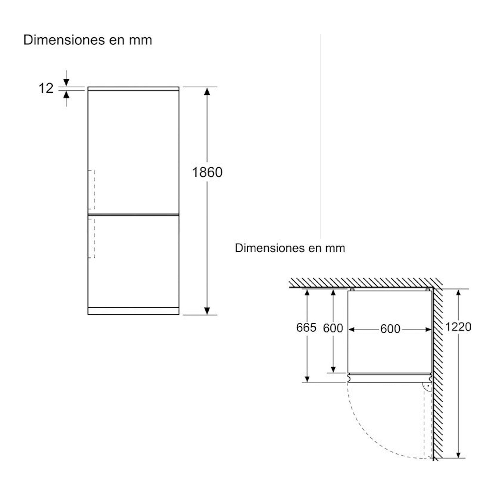 Bosch KGN362ICF: esquema técnico de frigorífico combi en acero, vista frontal y lateral con medidas en mm.