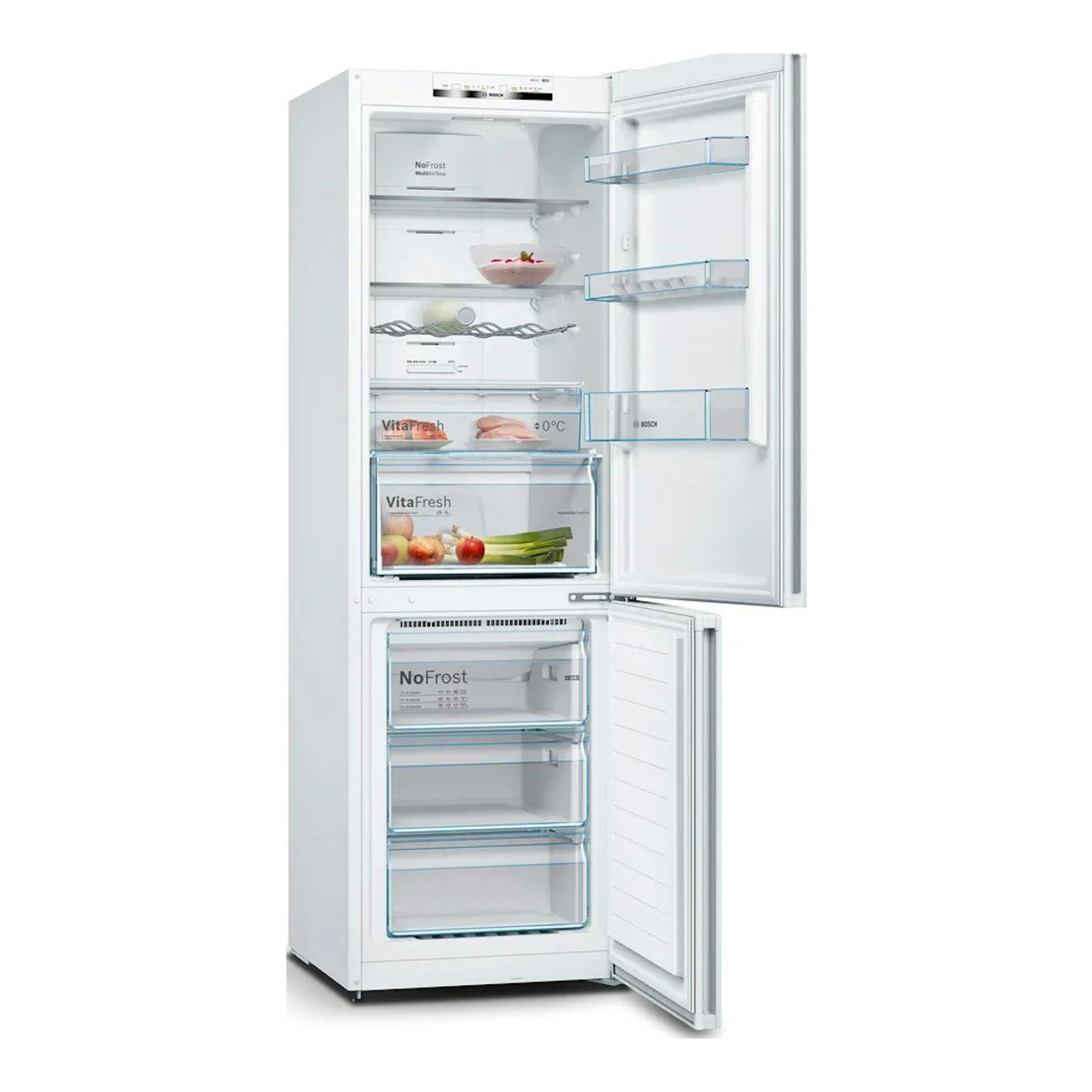 Frigorífico combi Bosch KGN362WED blanco, vista frontal con puertas abiertas y estantes visibles.